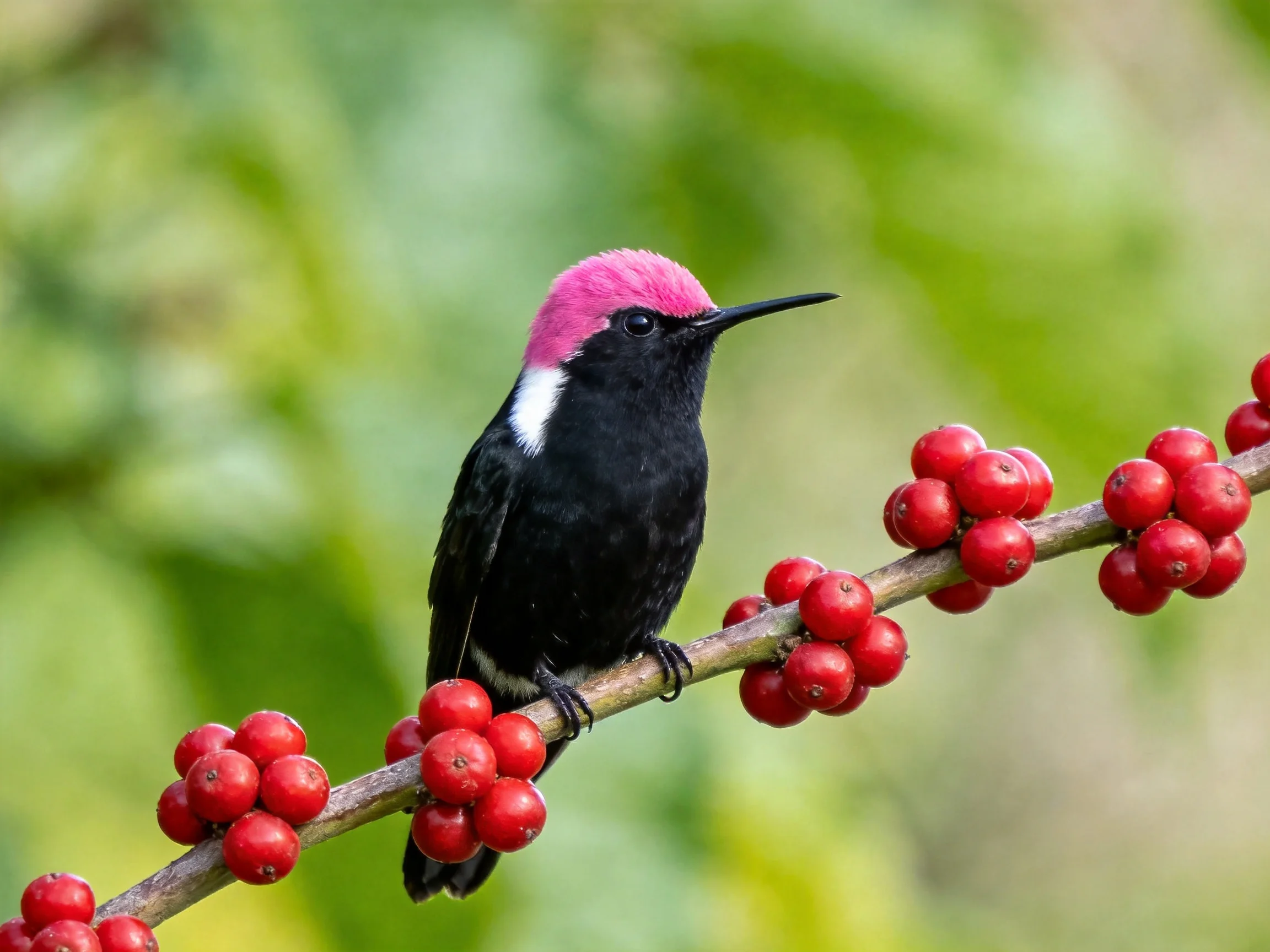 A pink-headed black hummingbird perches on a branch with red berries