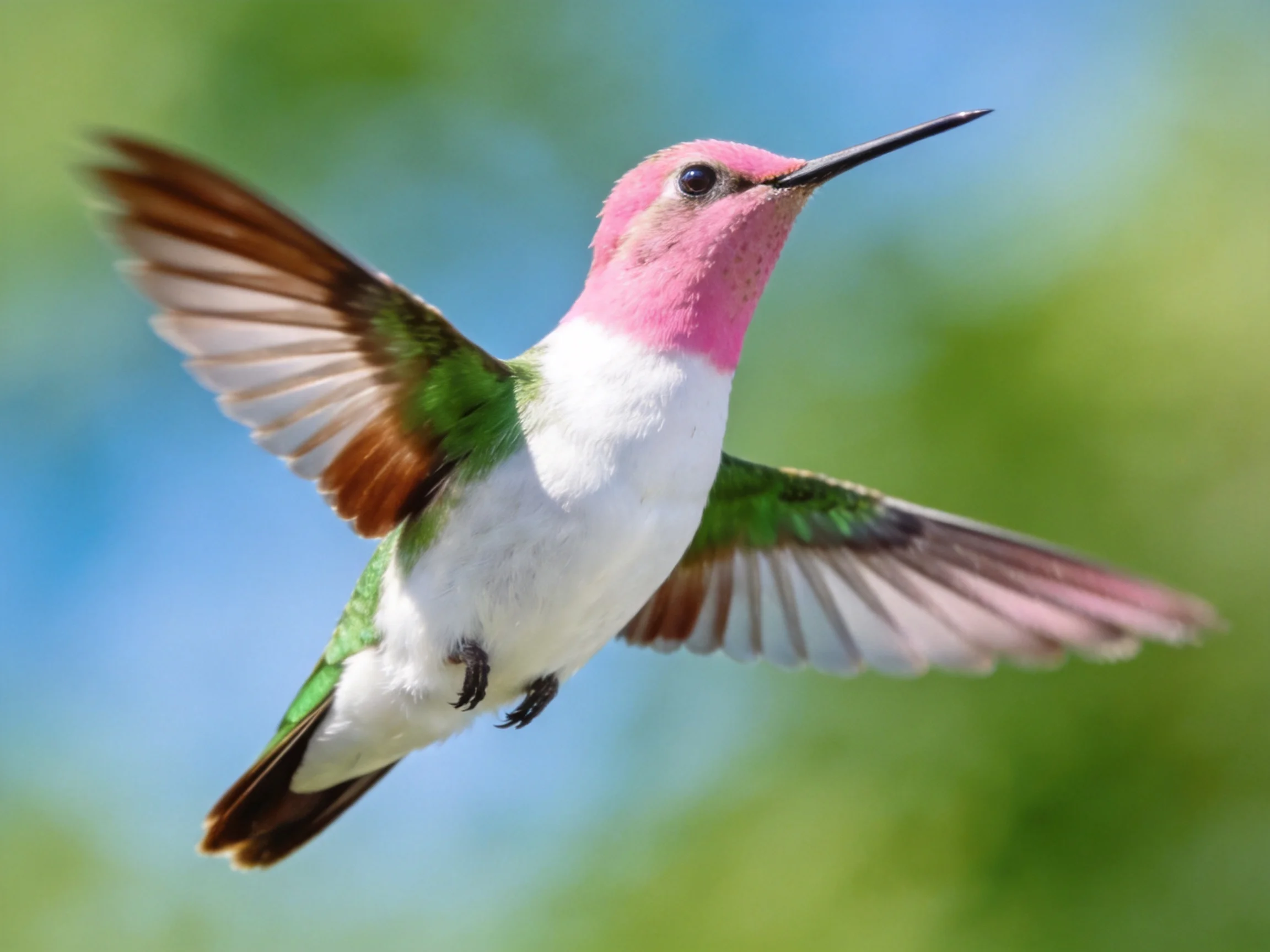 A pink-headed hummingbird with green wings flies in bright daylight.
