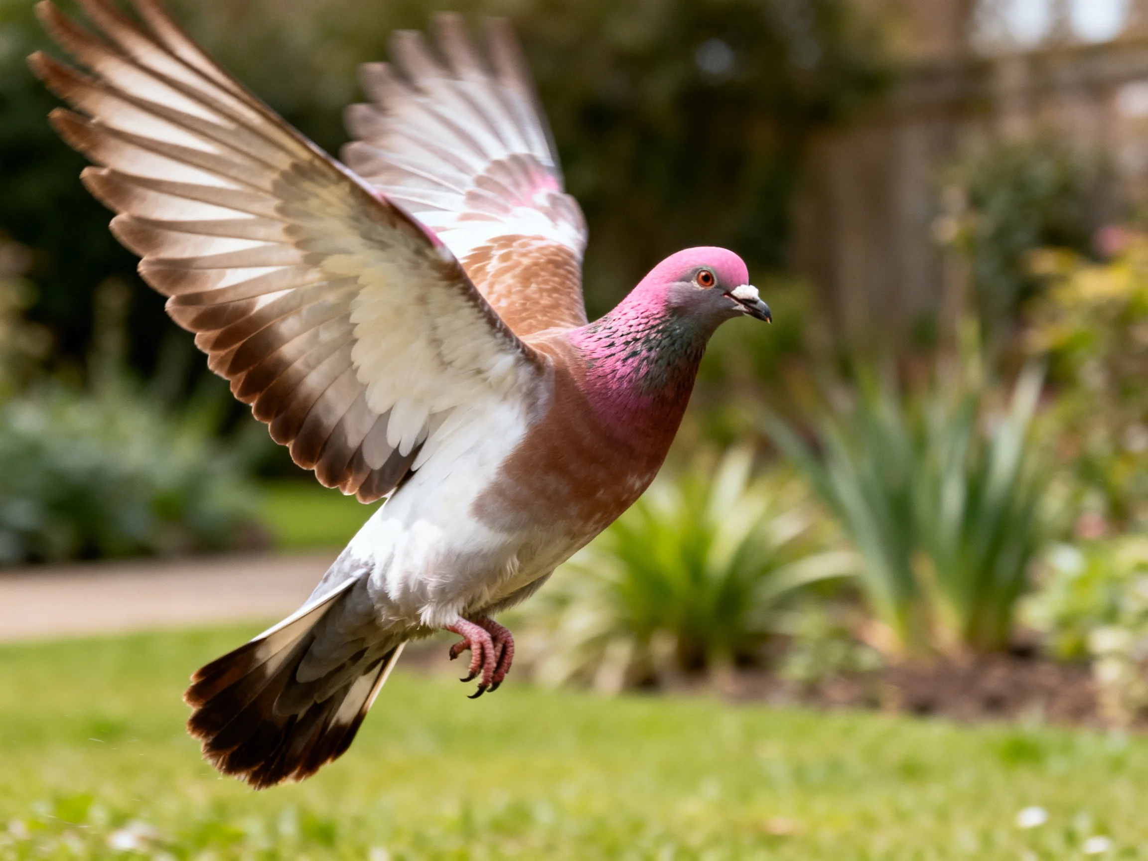 A pink-headed pigeon soars with broad brown and white wings
