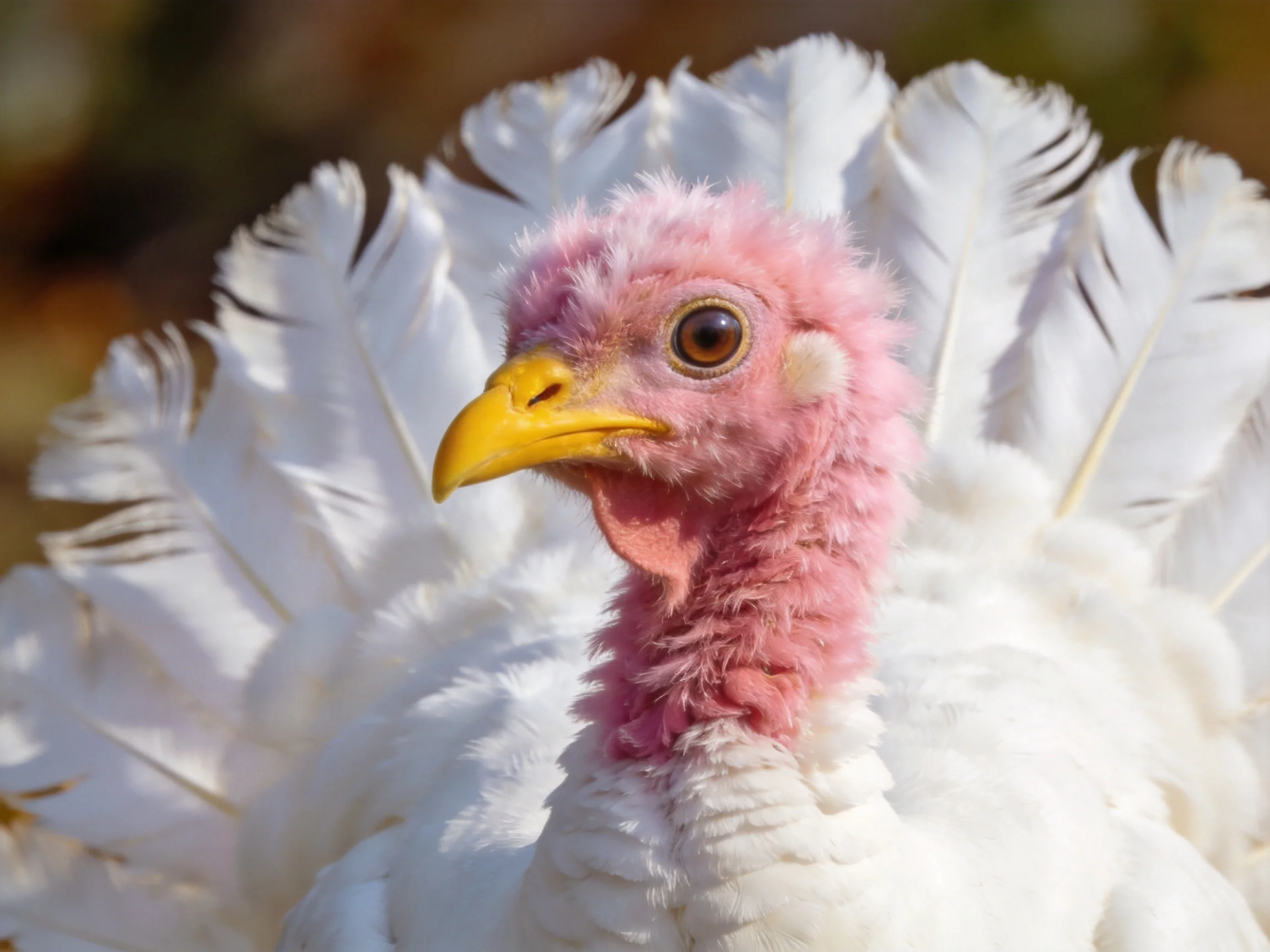 A turkey with pink head and white feathers is shown