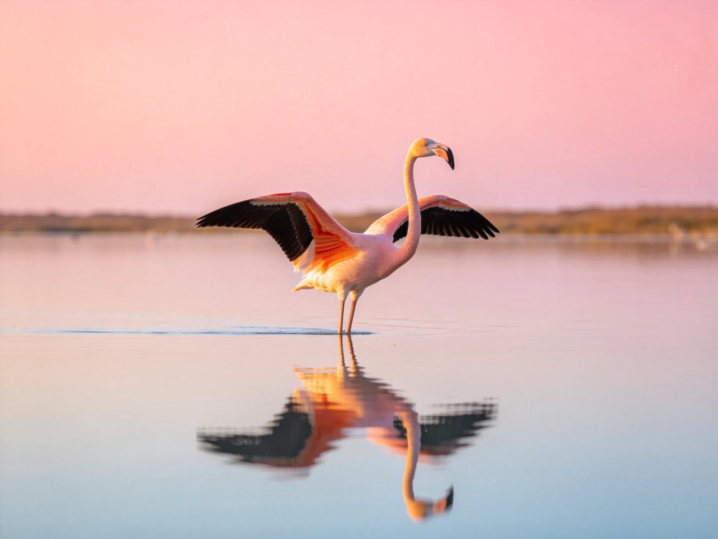 A pink-hued flamingo spreads wings in calm waters
