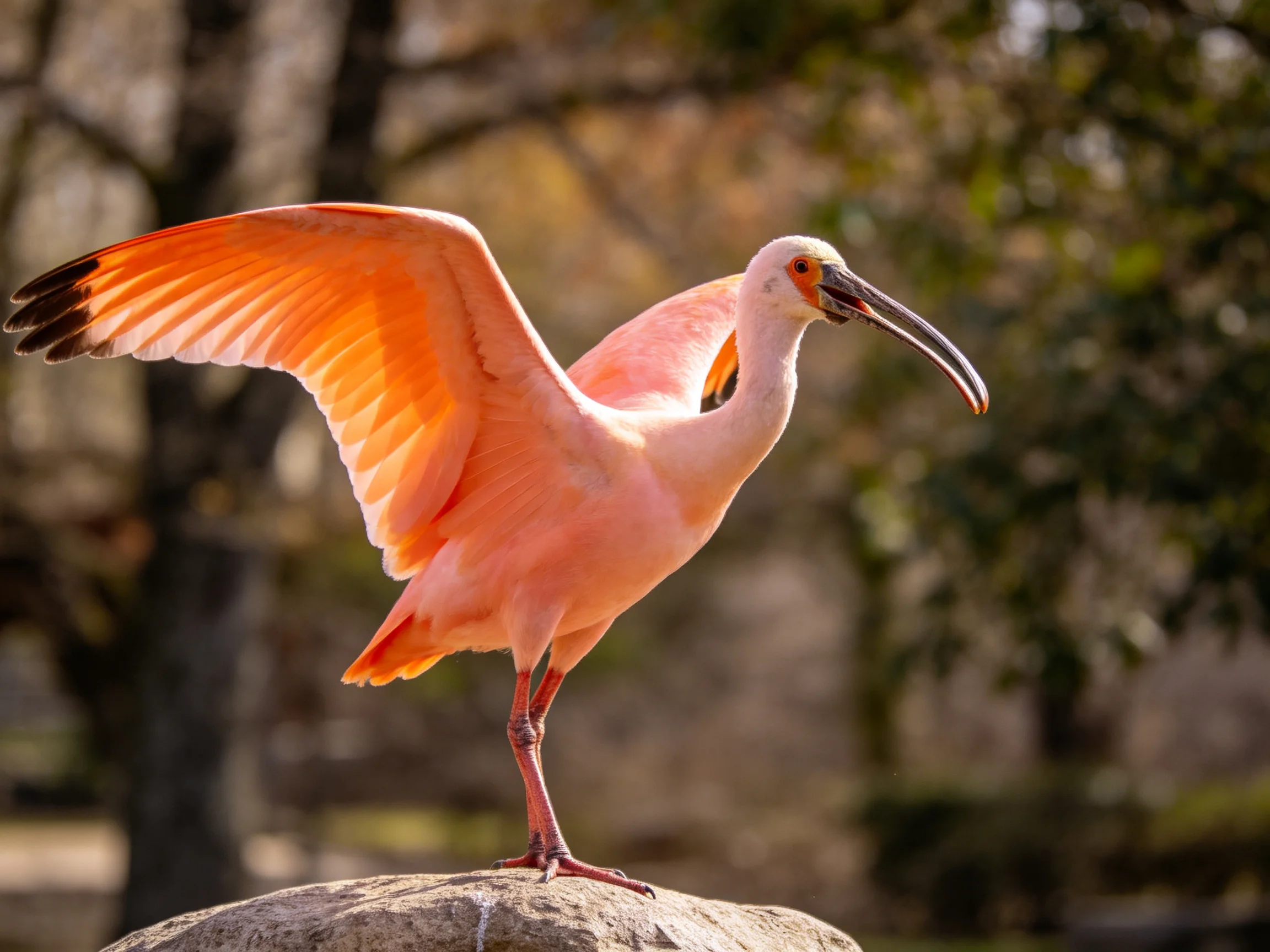 A pink ibis spreading vibrant orange wings on a rock