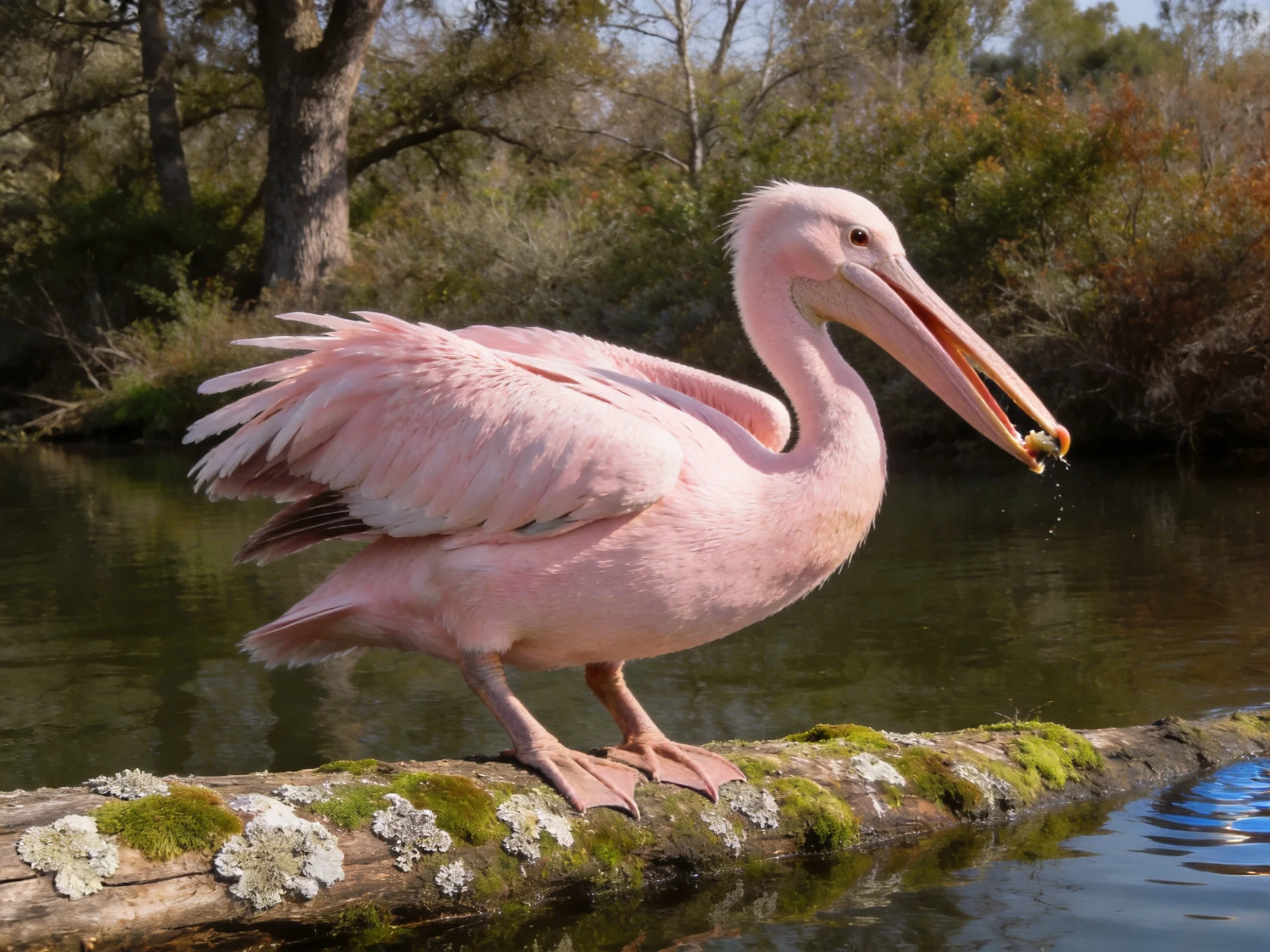 A pink pelican perched on a mossy log by calm water