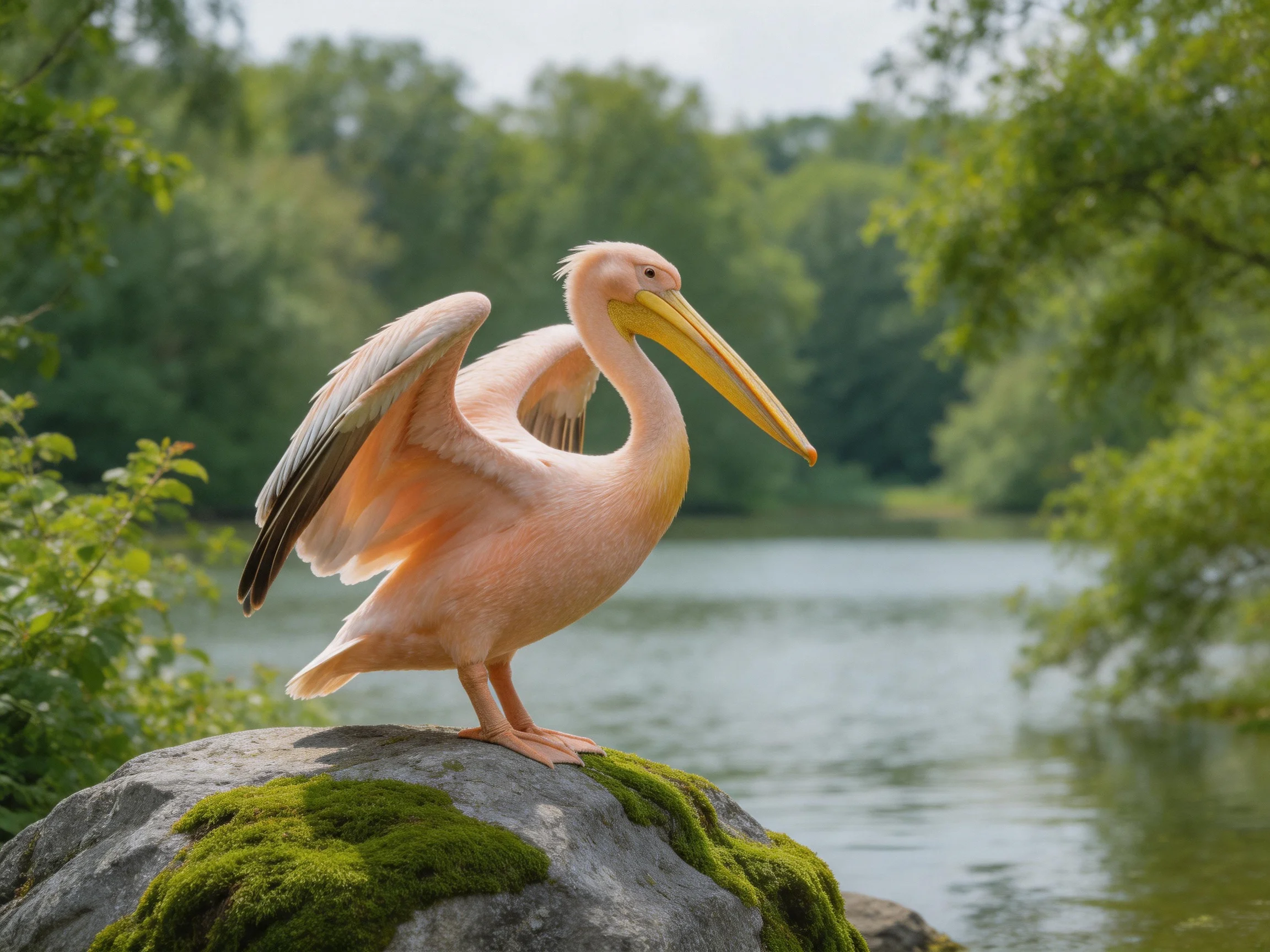 A pink pelican perches on a mossy rock by a calm lake