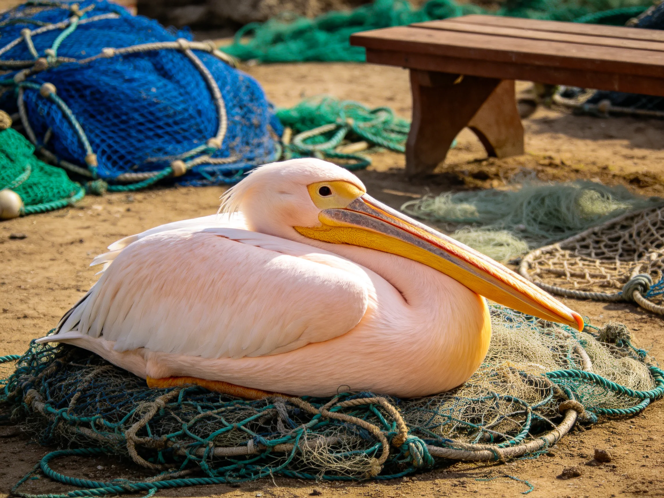 A pink pelican rests on tangled green fishing nets