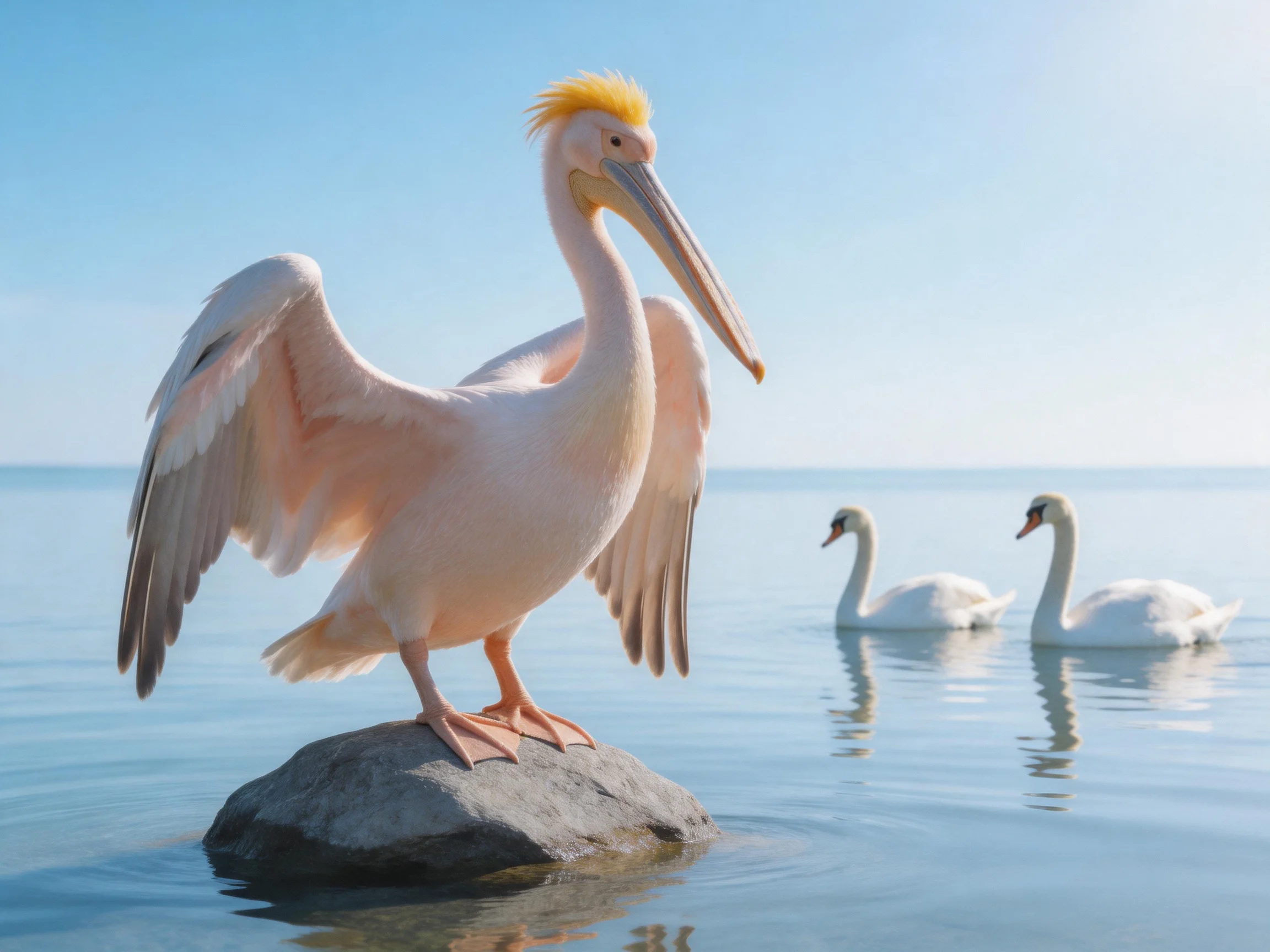 A pink pelican stands on a rock near two white swans