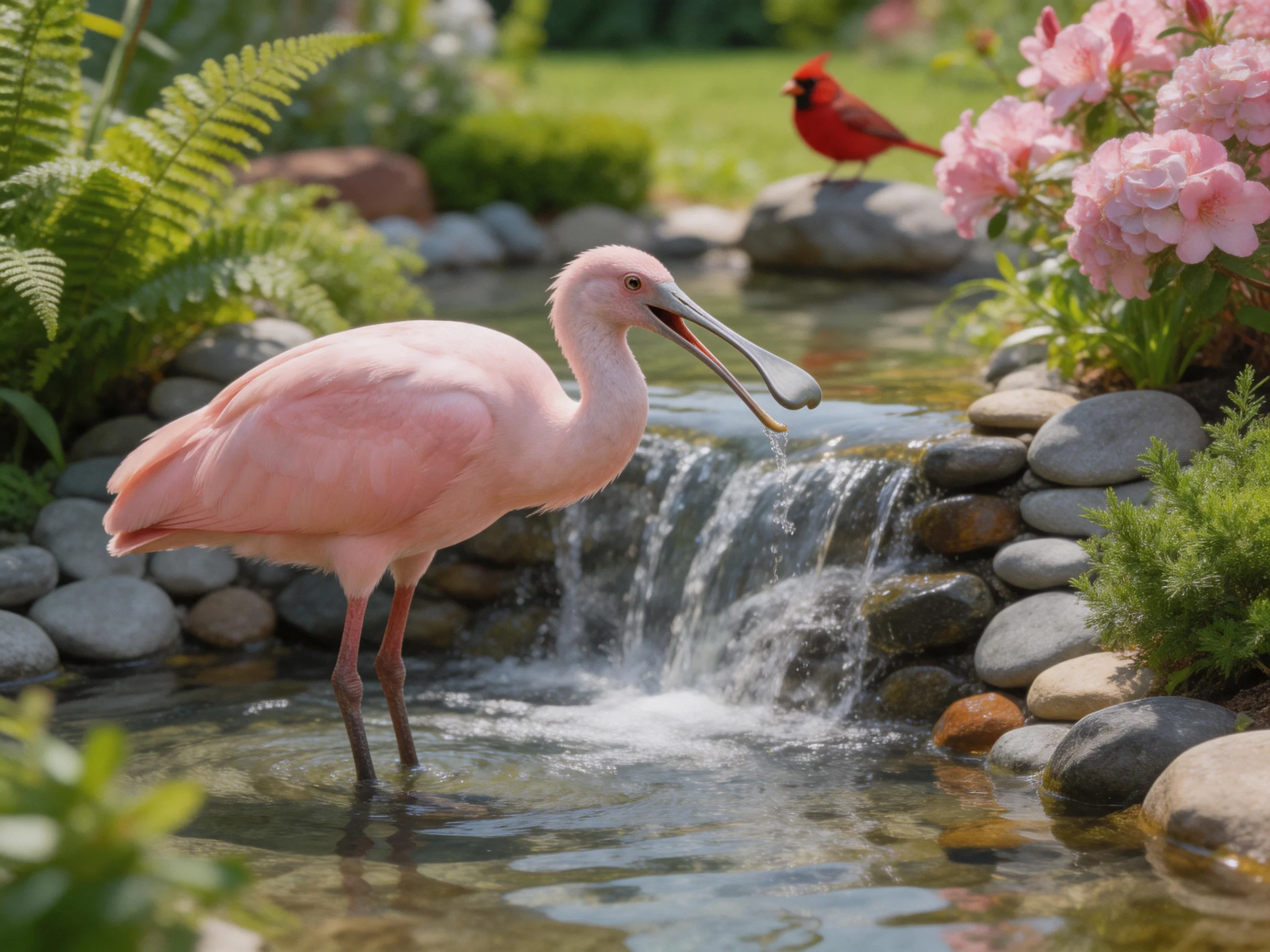 A pink spoonbill wades by a cascading waterfall with a red cardinal on a rock