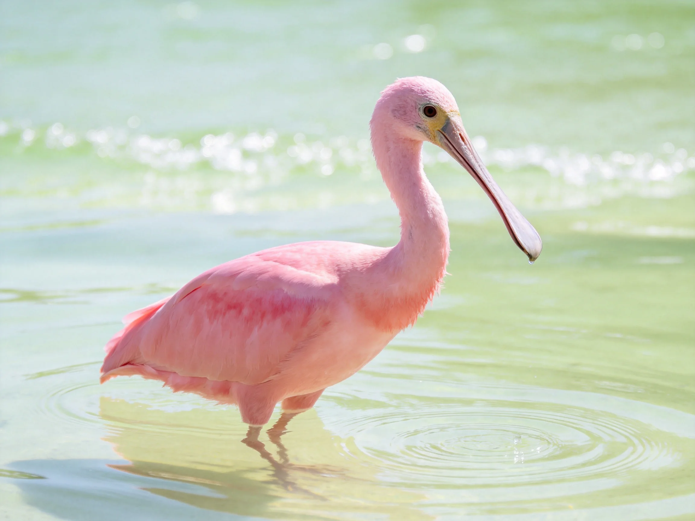 A pink spoonbill wading in shallow green-tinted water