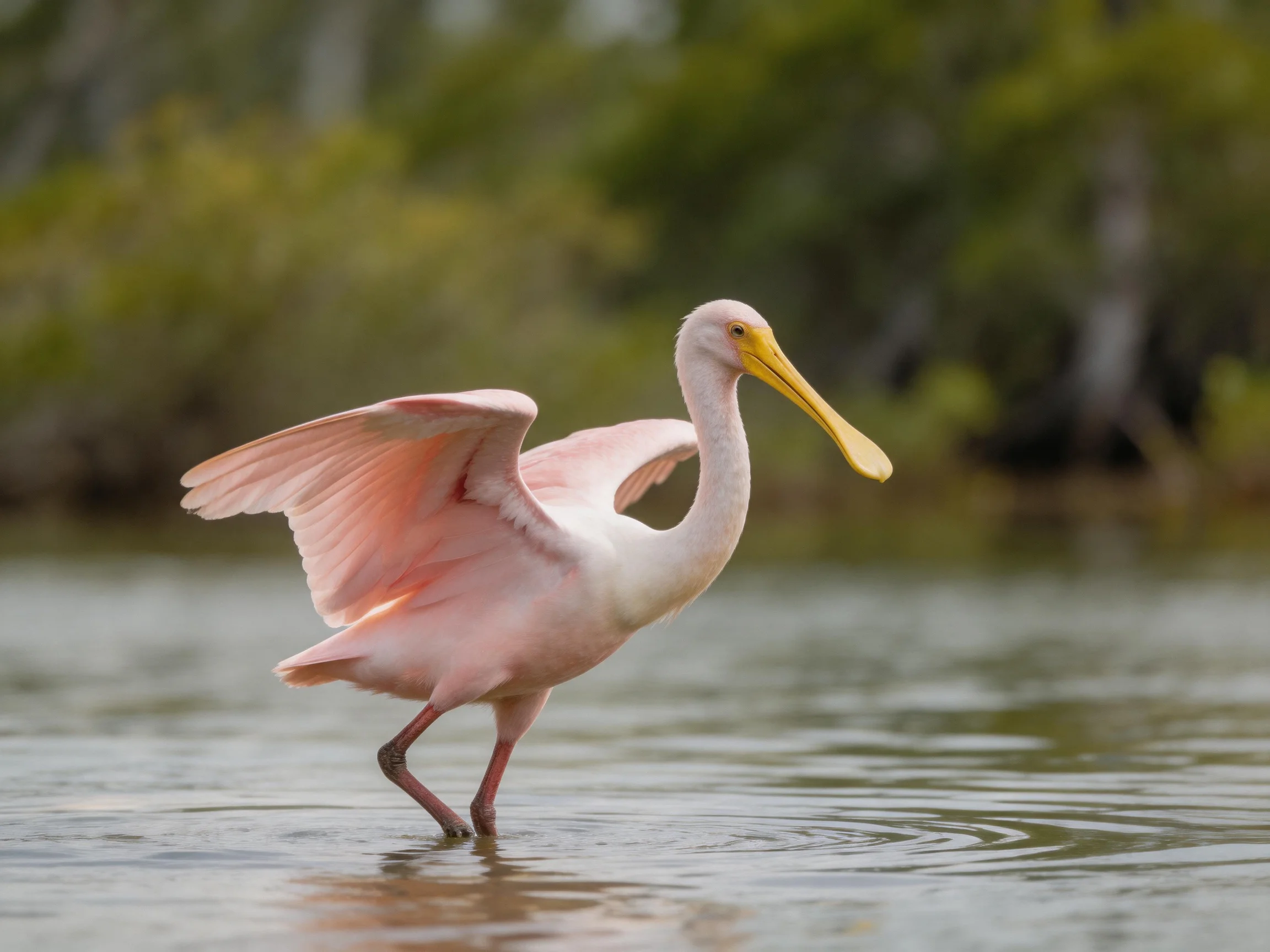 A pink spoonbill wading in shallow water near greenery