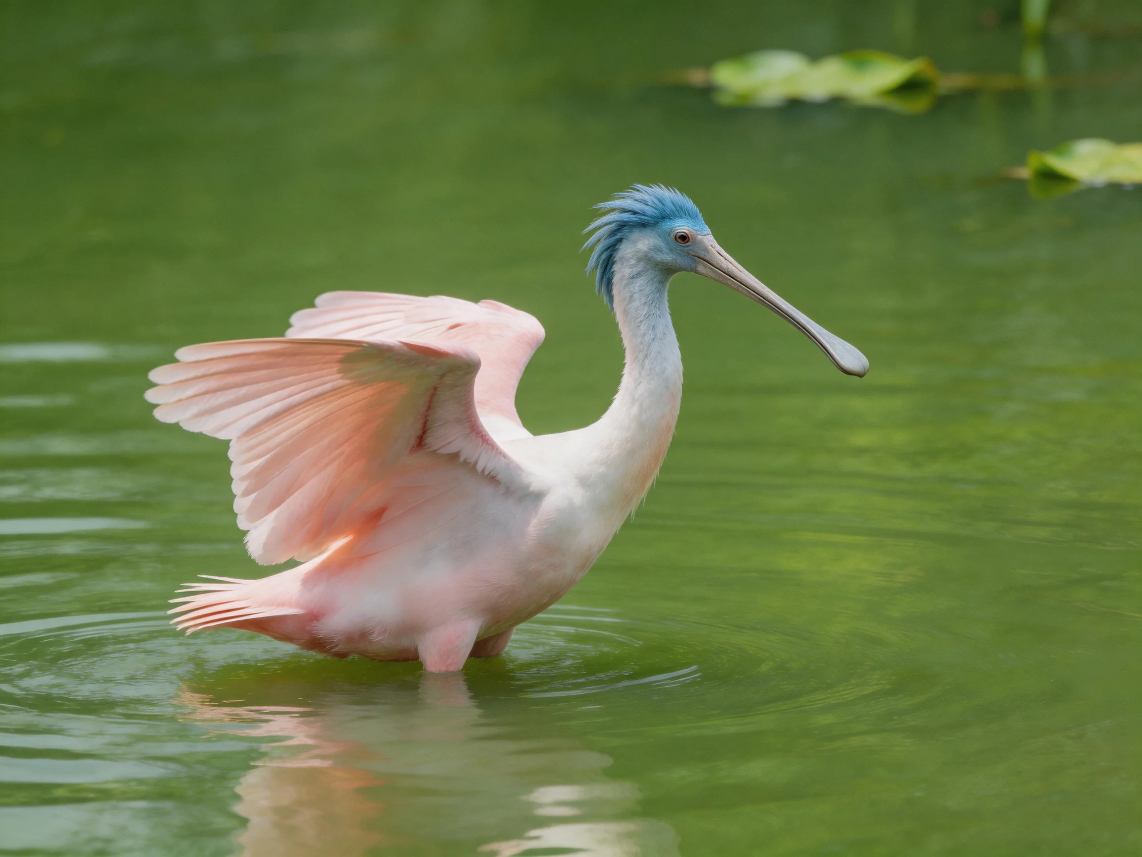 A pink spoonbill with blue crest wading in green water