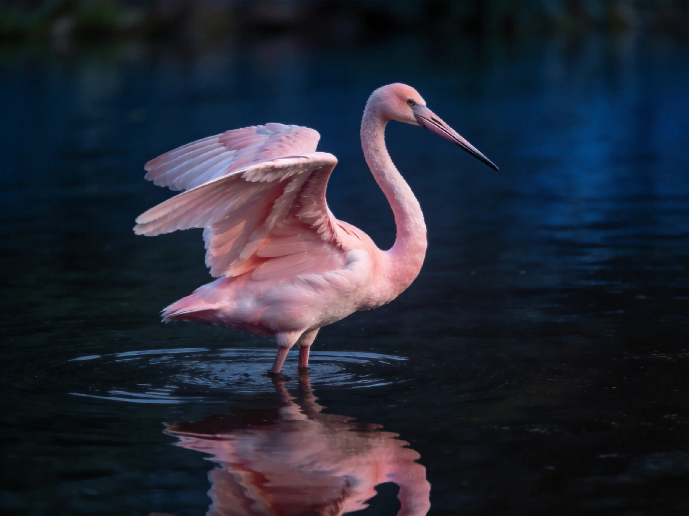A pink wading bird spreads wings in dark, reflective water