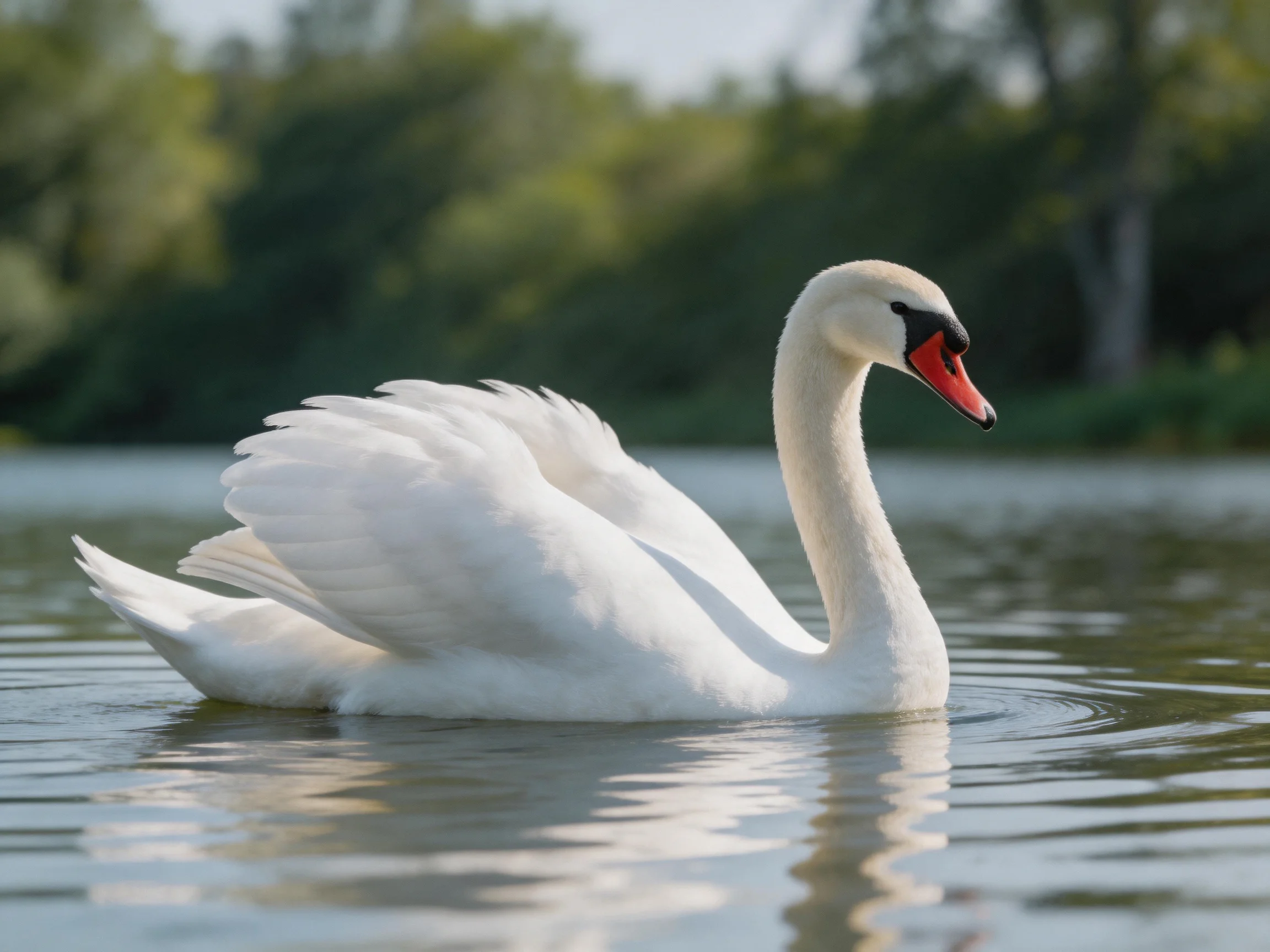 A pristine white swan swimming on calm water near lush greenery