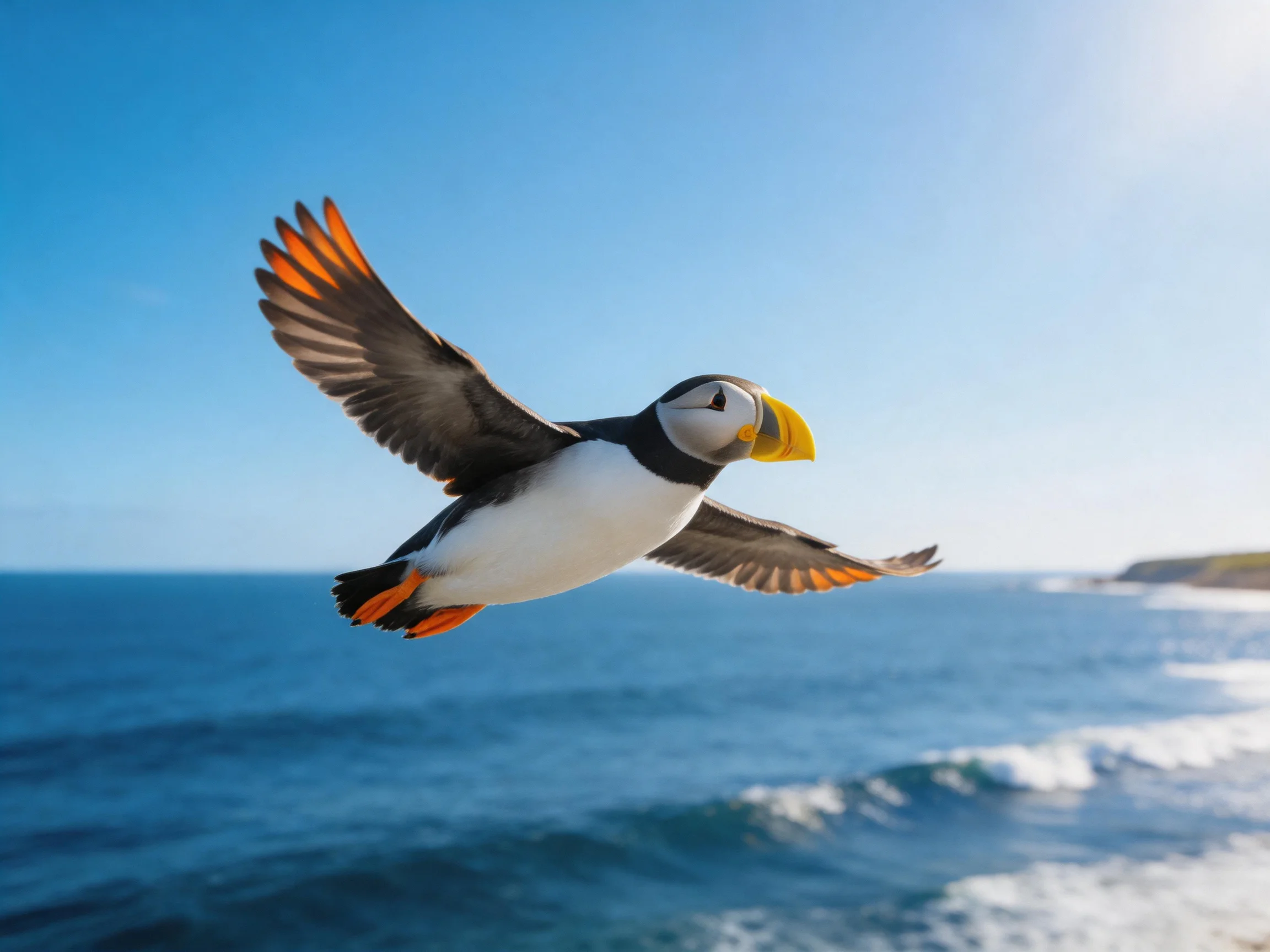 A puffin flies over the ocean with outstretched wings