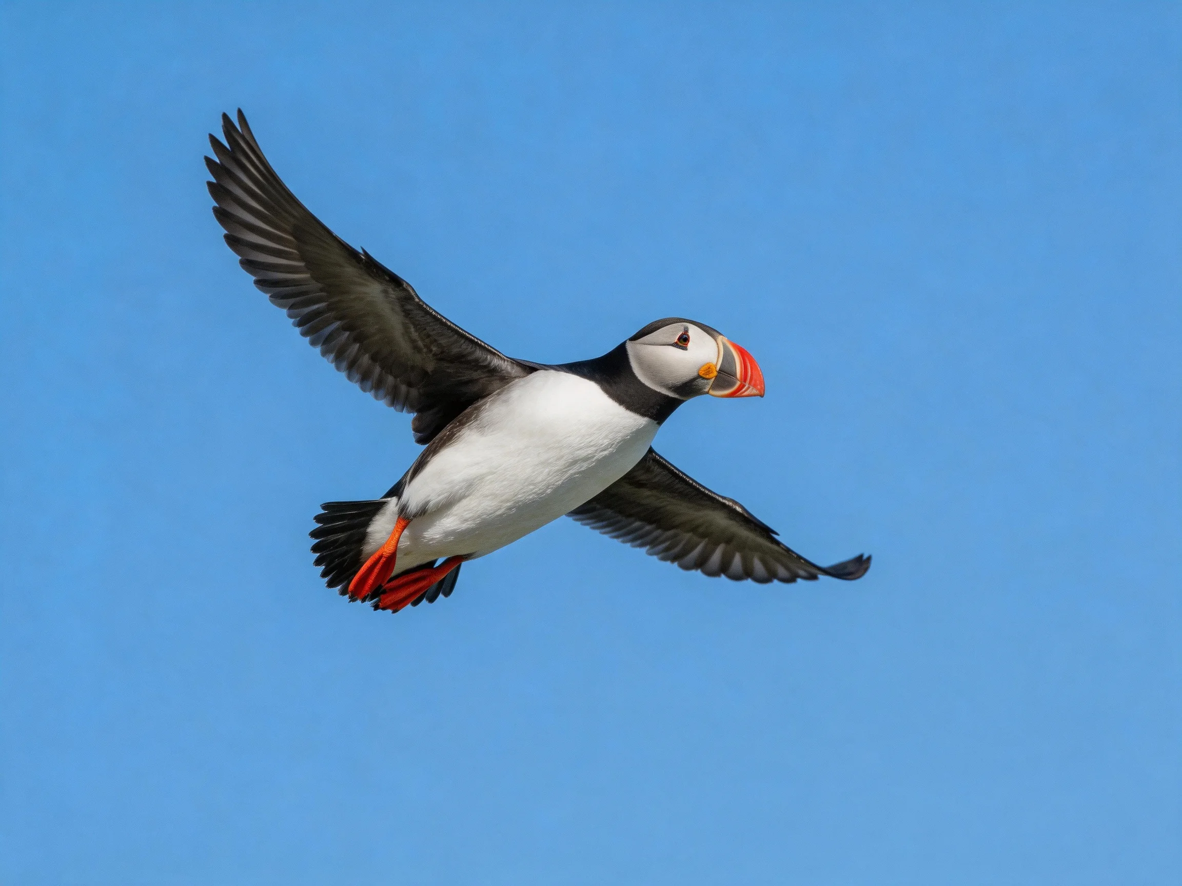 A puffin flies with black wings, white body, and orange beak