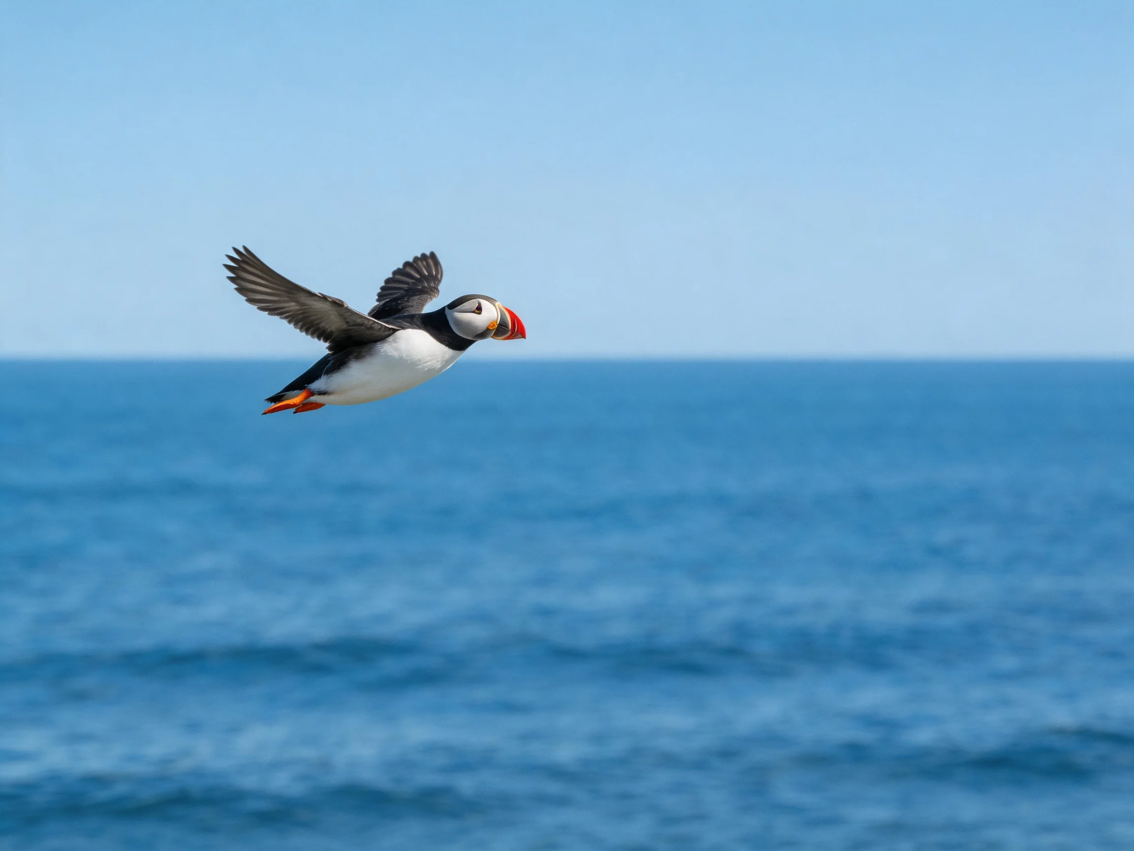 A puffin glides over expansive blue ocean waters