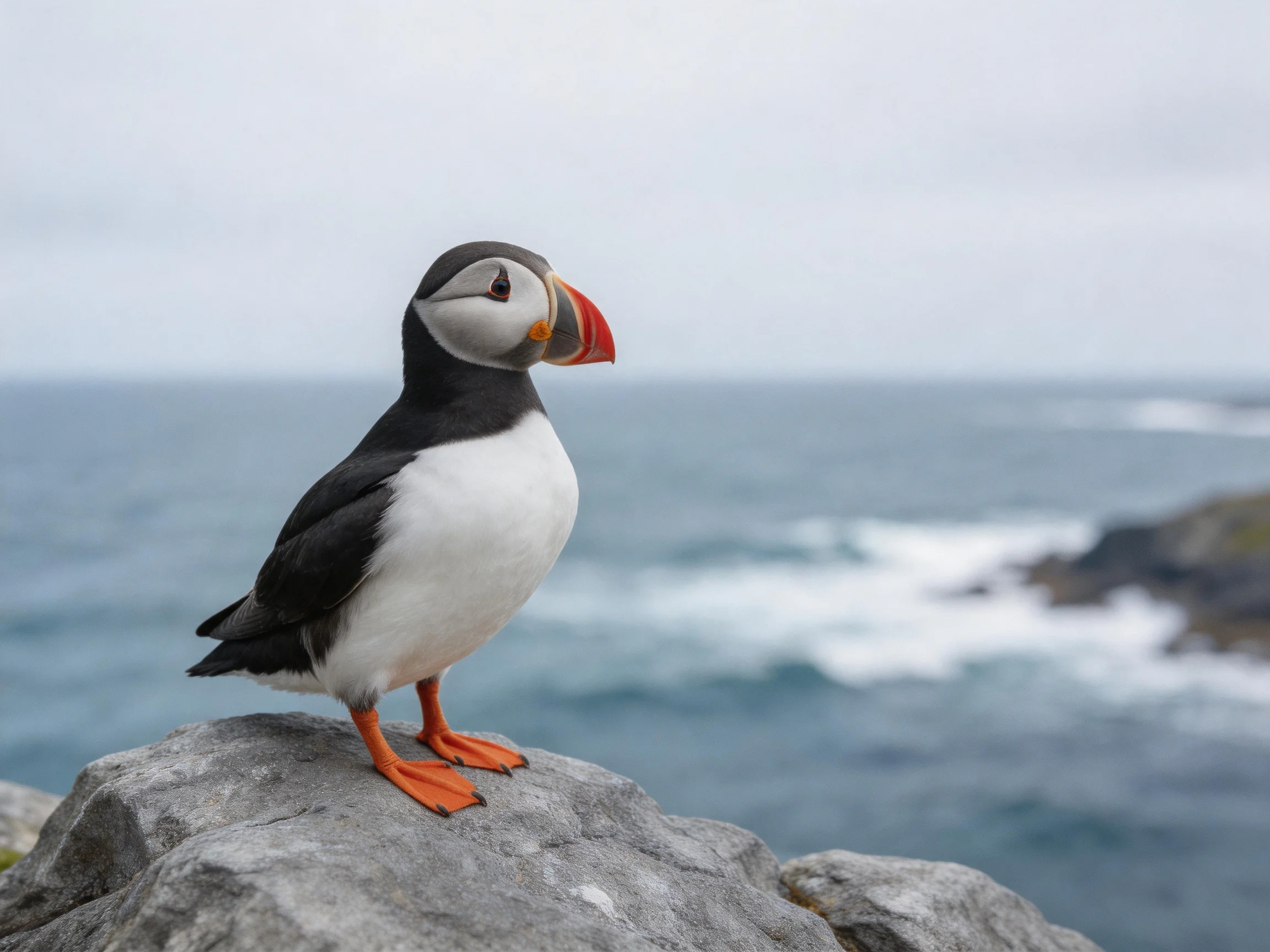 A puffin perched on a gray rock by the ocean