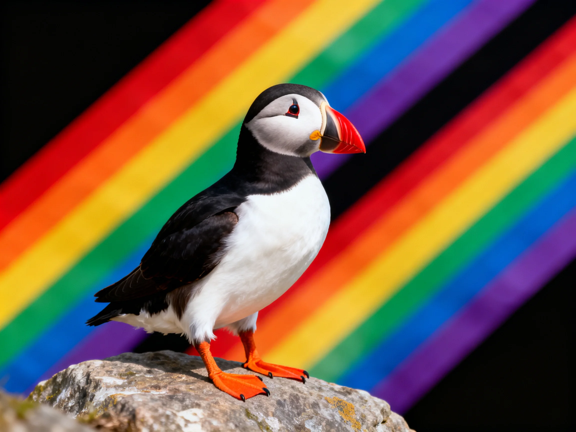 A puffin perched on a rock with vibrant rainbow stripes behind