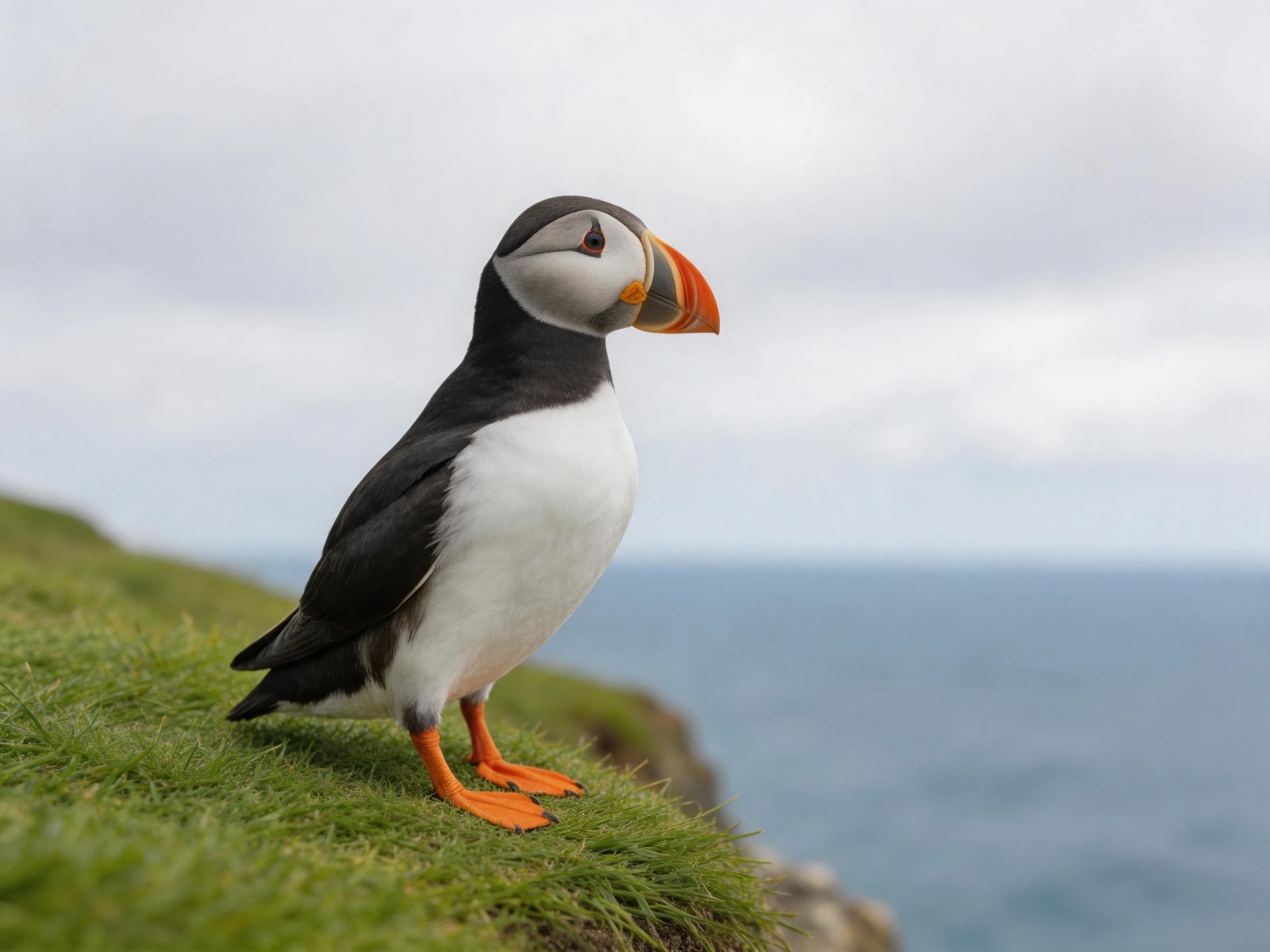 A puffin perched on grassy cliff edge overlooking calm blue sea