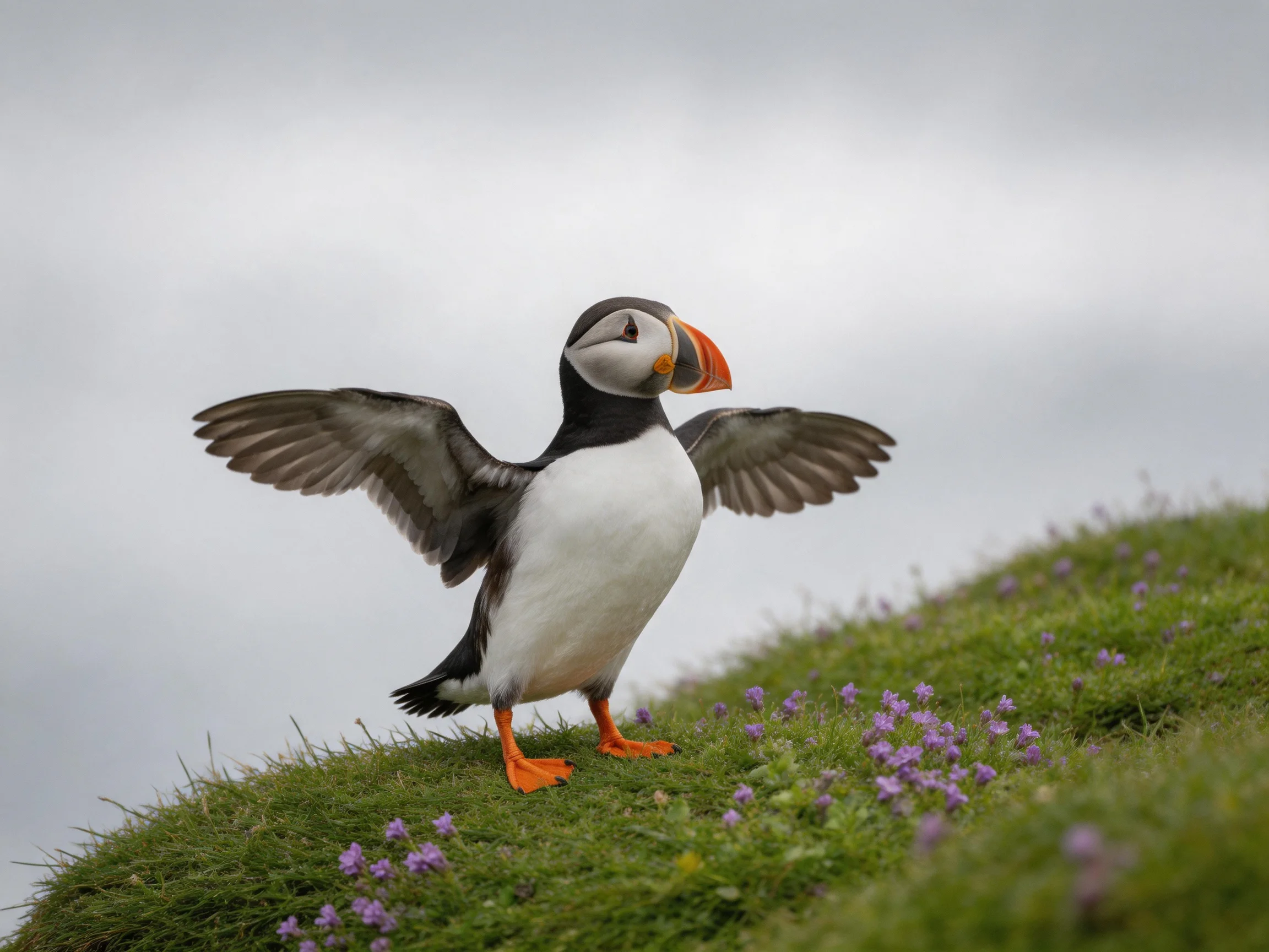 A puffin spreads wings on a flowered green hillside
