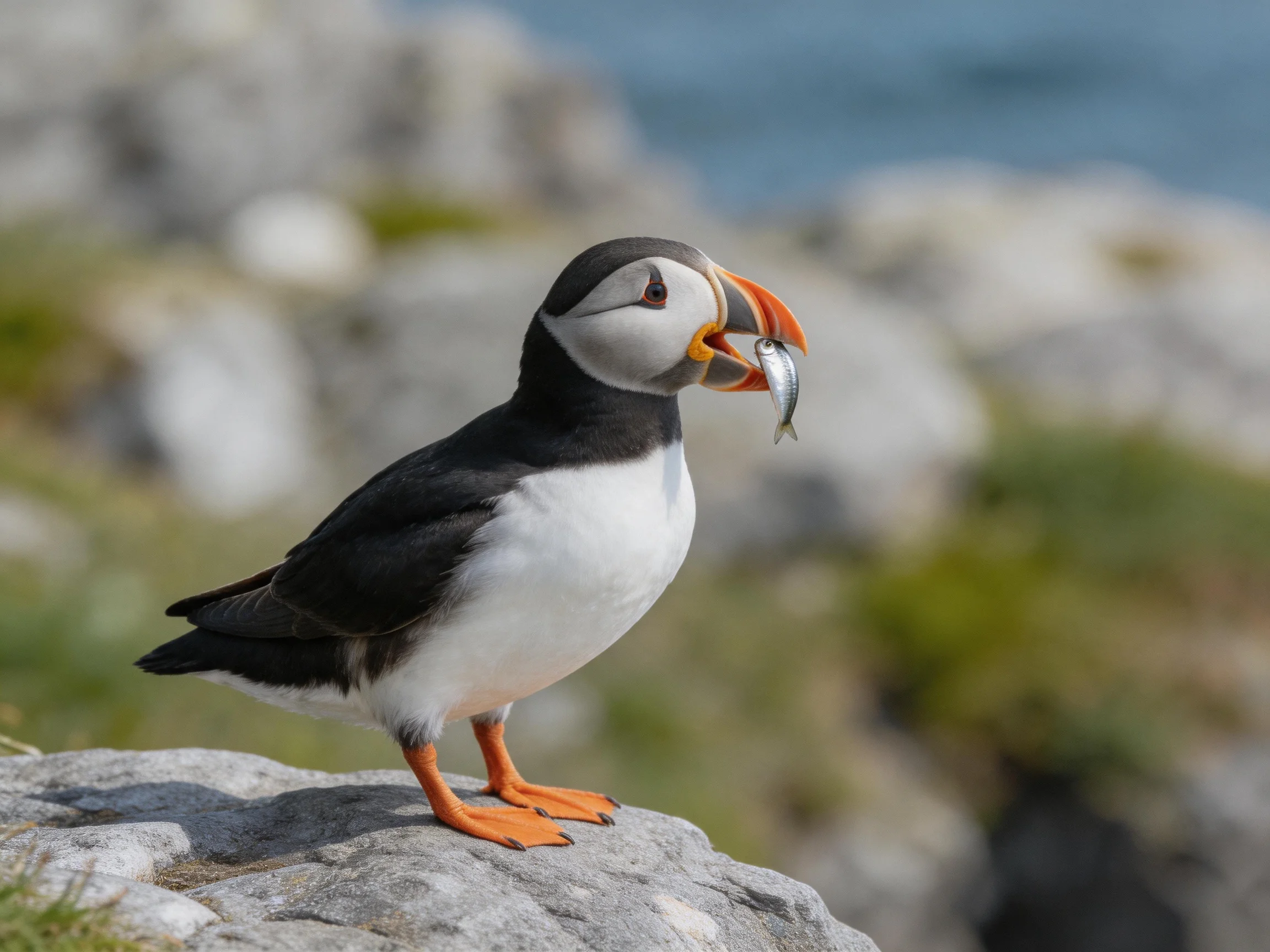 A puffin stands on a rock with a fish in its beak