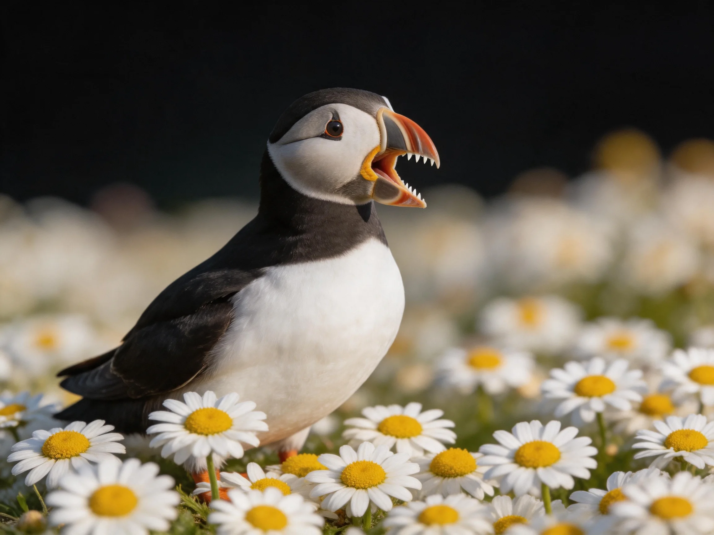 A puffin stands among white daisies with an open beak.
