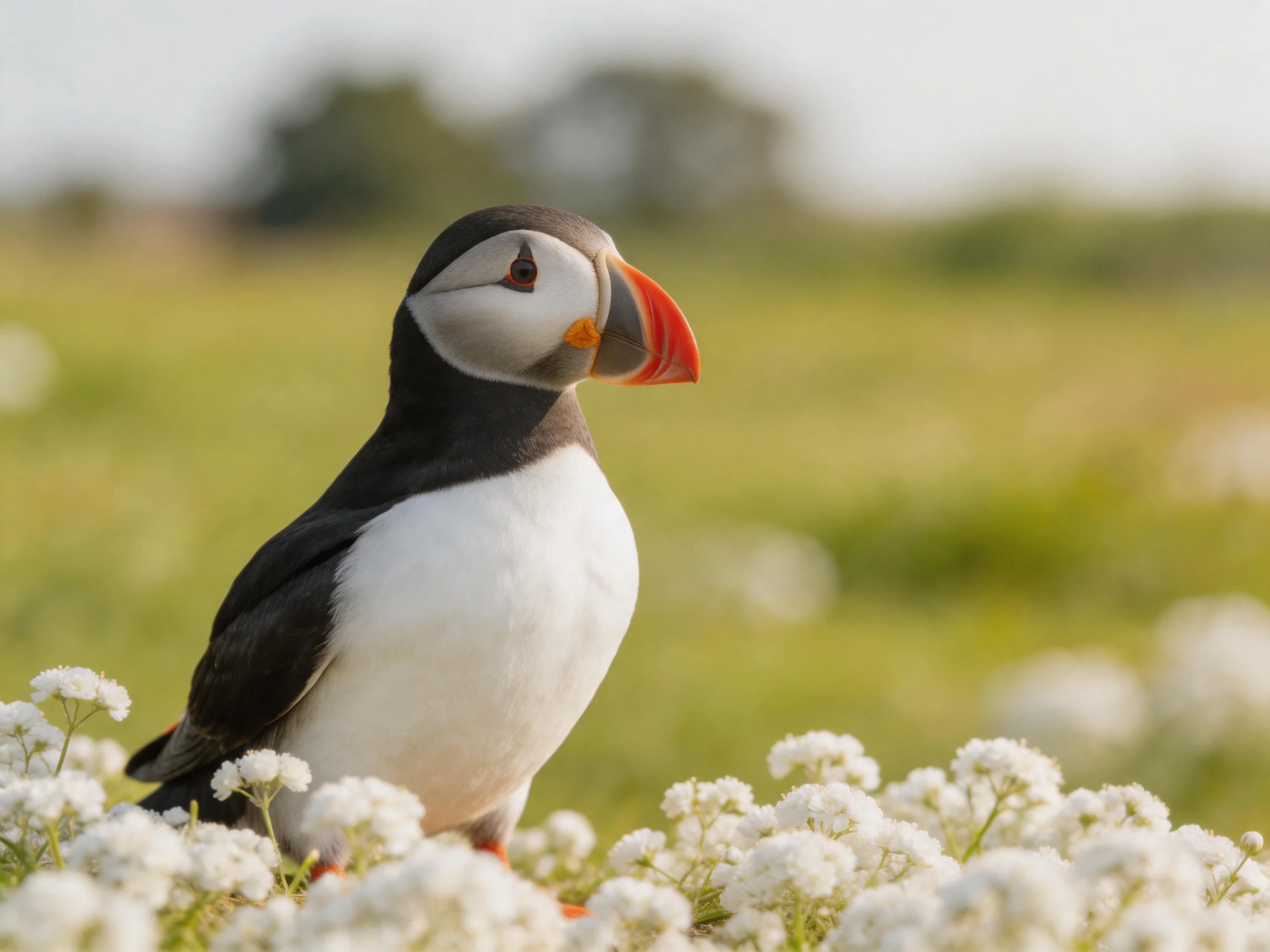 A puffin with black and white plumage among white flowers