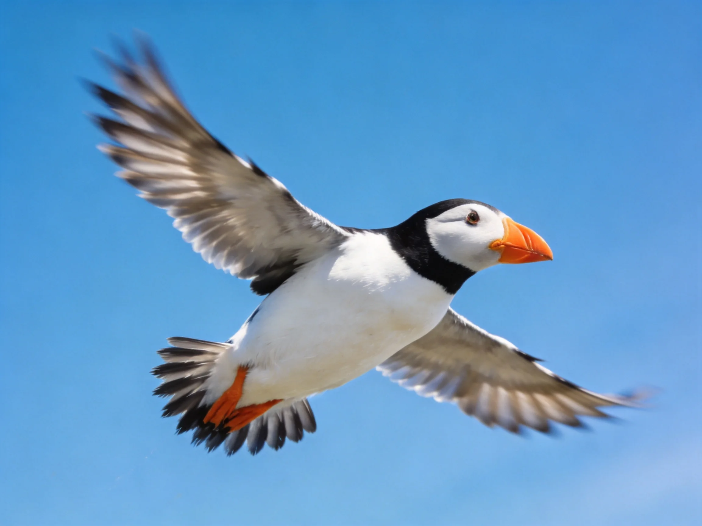 A puffin with black, white, and orange features flies against a blue sky