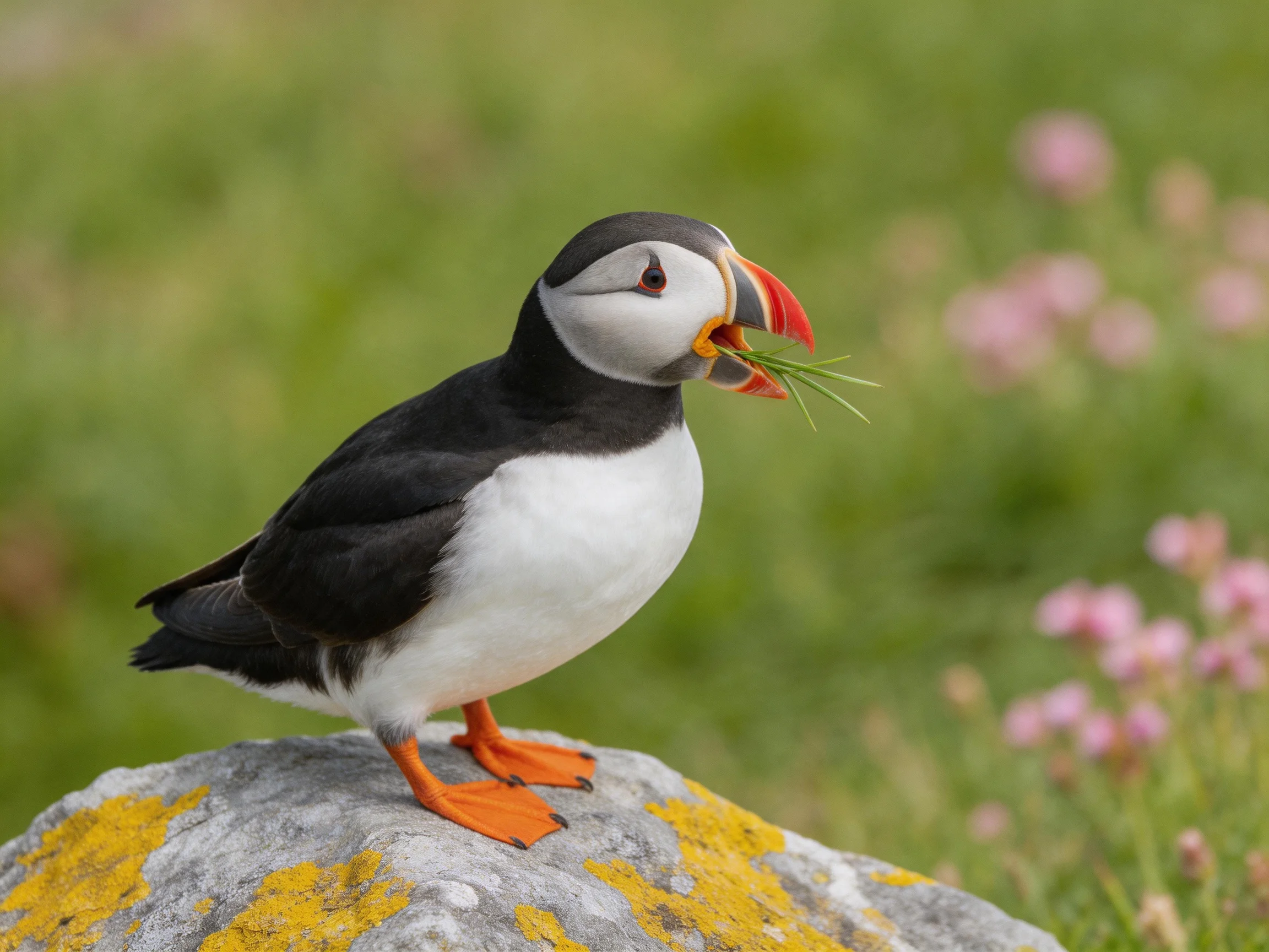 A puffin with black -white plumage holds grass on a lichen - covered rock