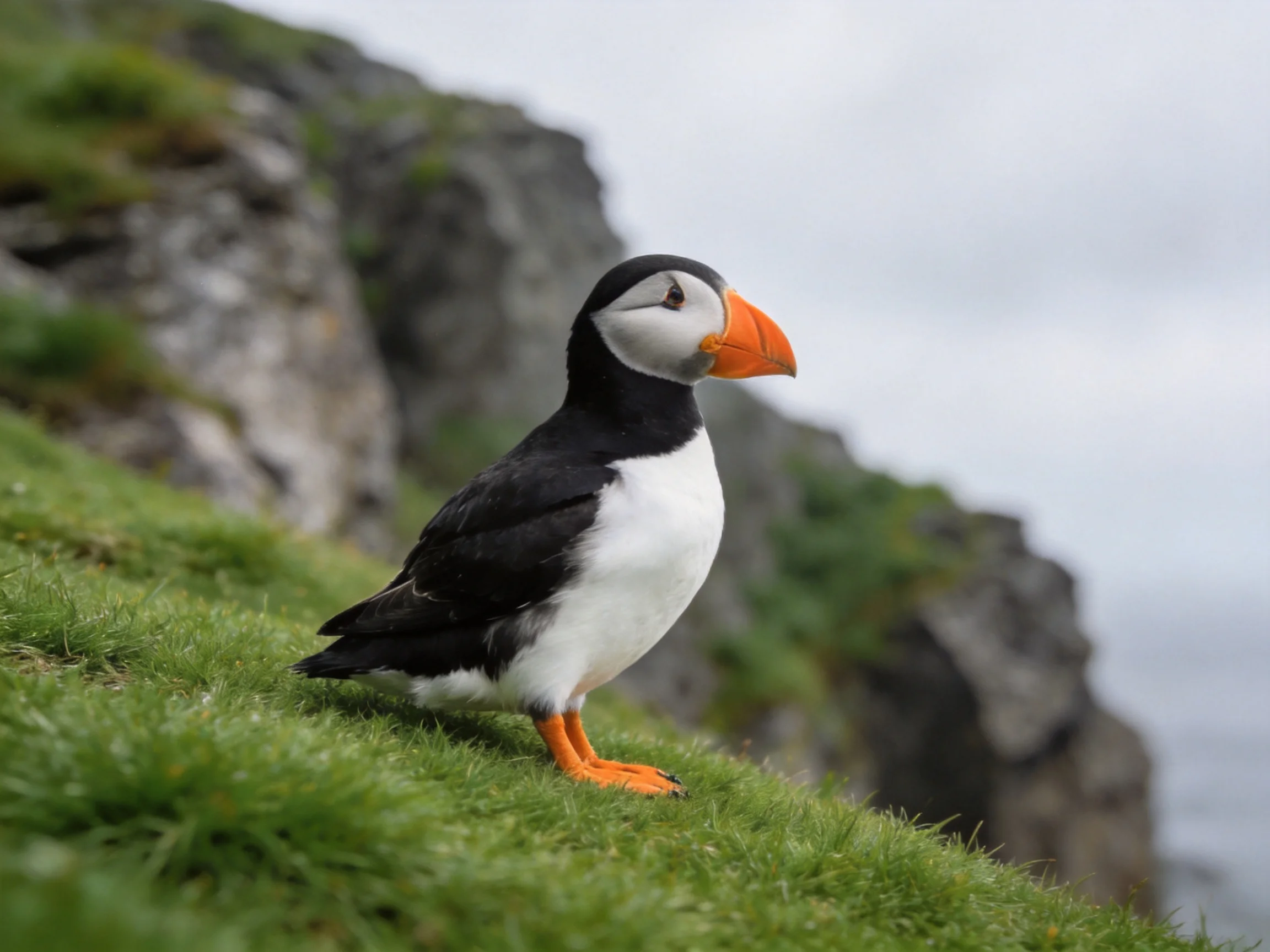 A puffin with bright orange beak perched on lush green cliffside grass