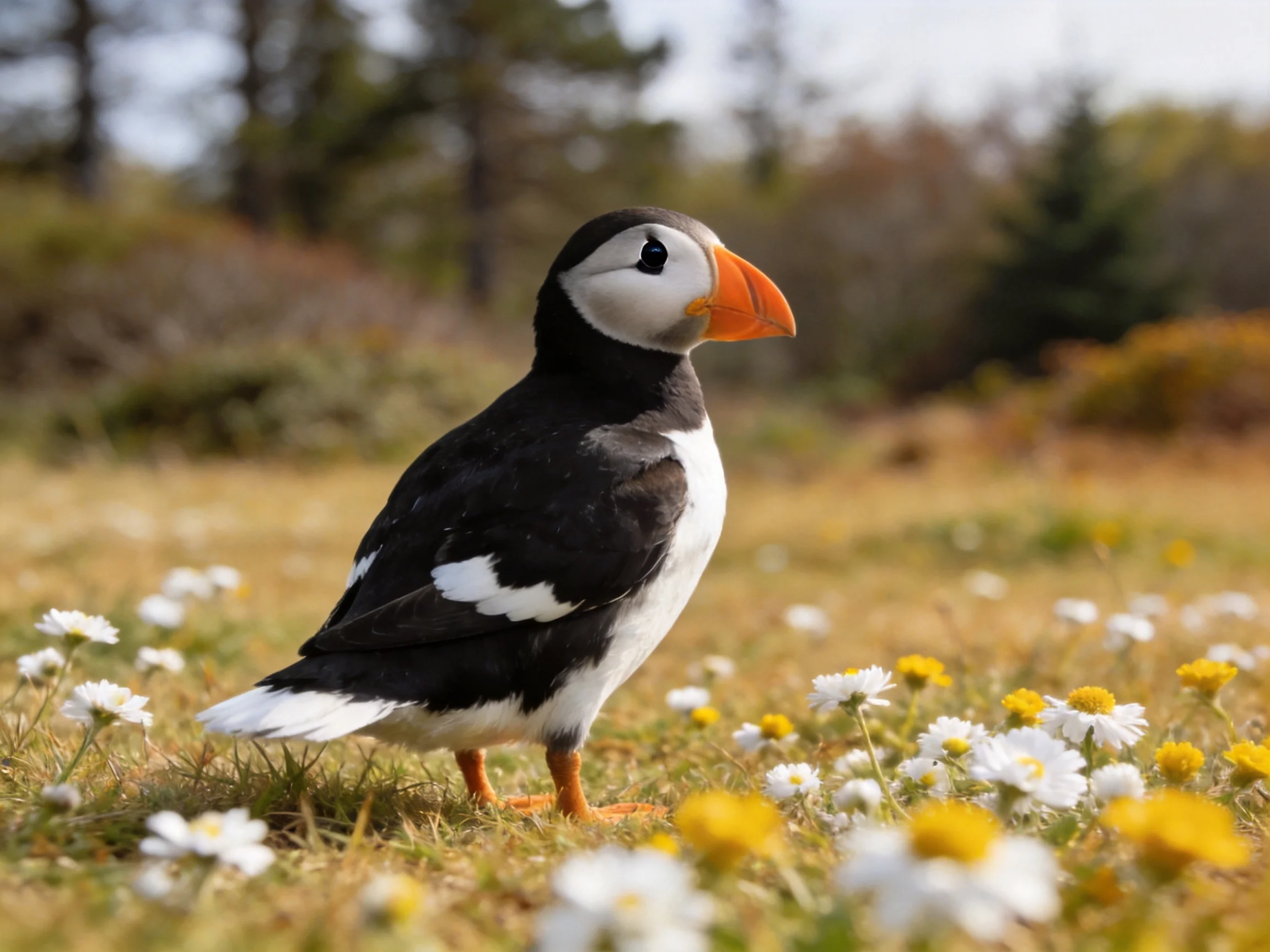 A puffin with a bright orange beak is among white and yellow flowers in nature.