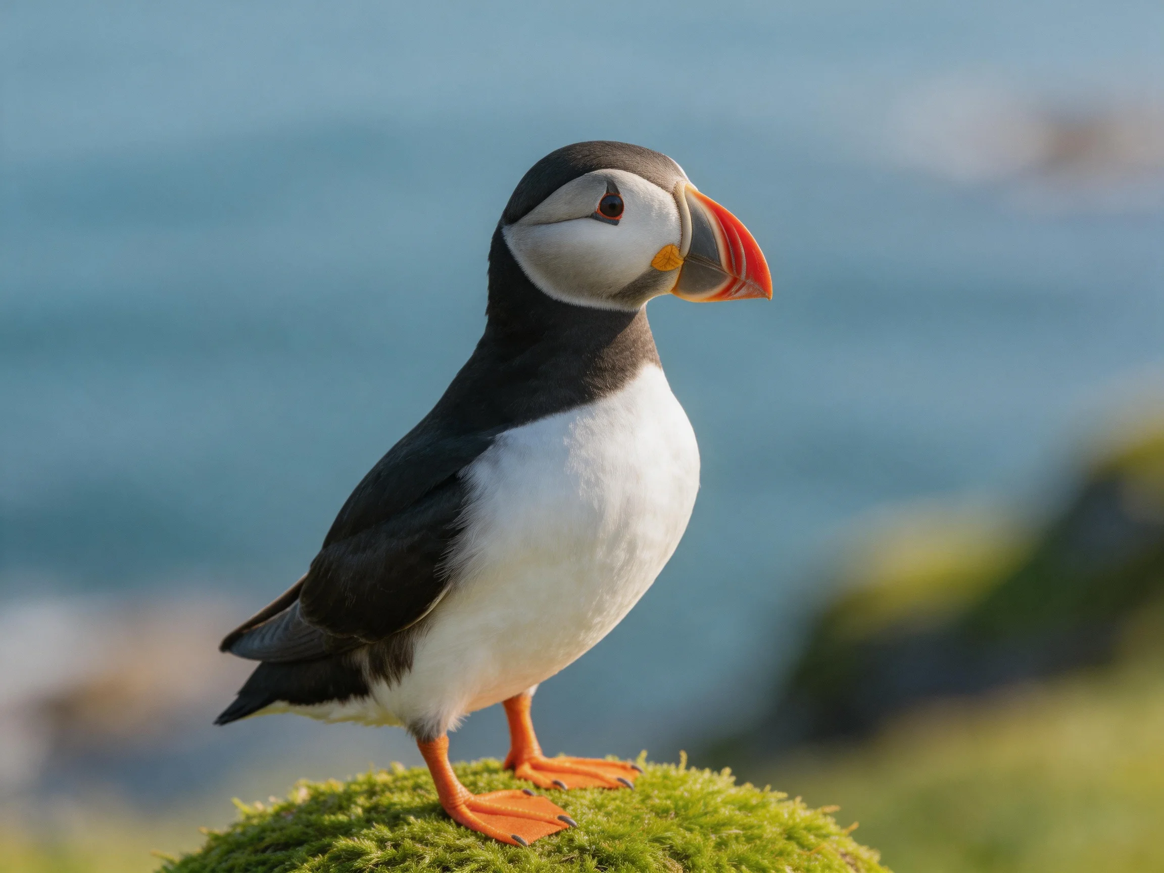 A puffin with colorful plumage perches on mossy ground by calm waters
