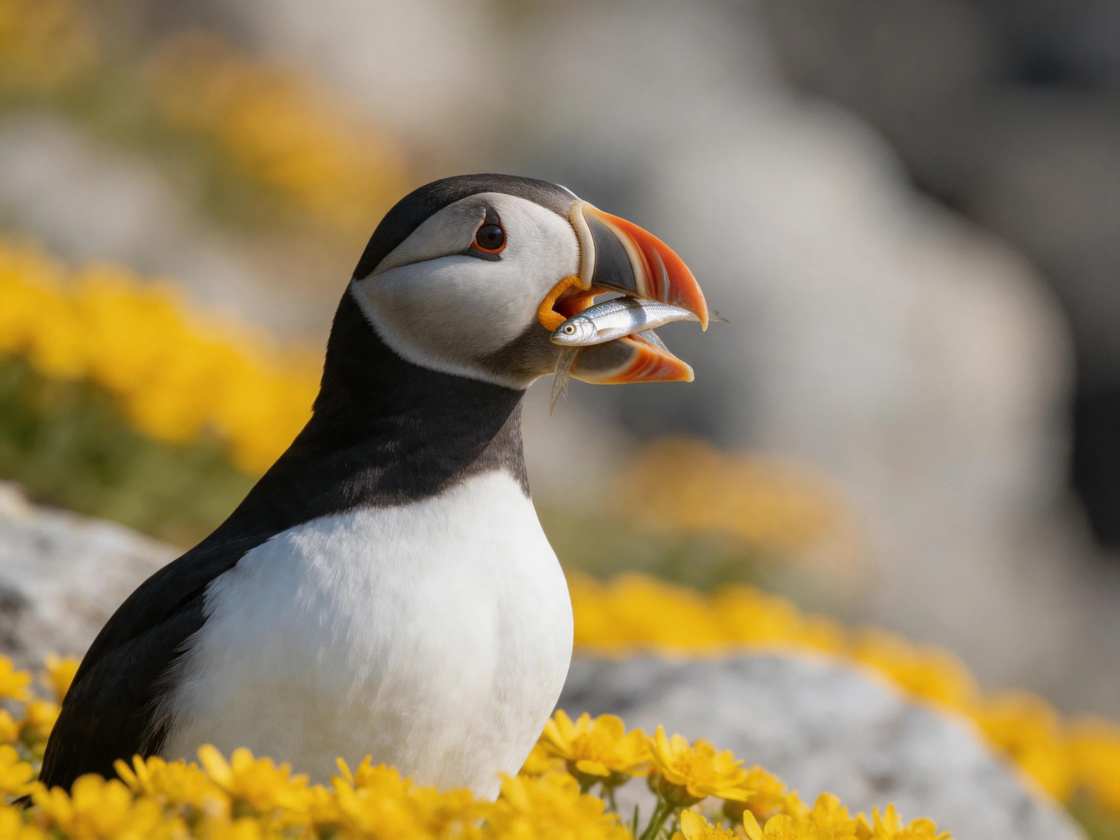 A puffin with fish amidst vibrant yellow flowers on rocky terrain
