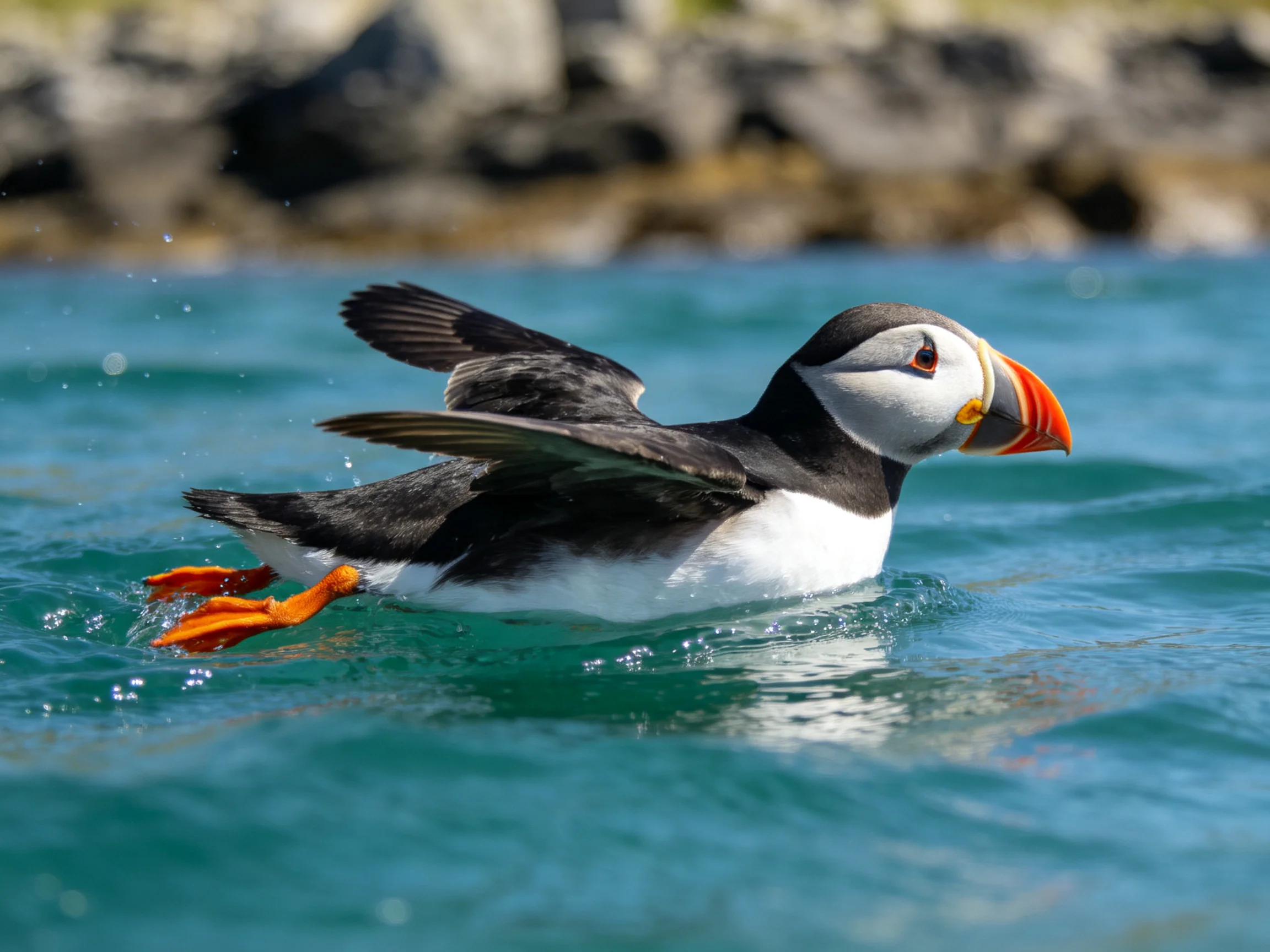 A puffin with orange beak swims in turquoise water near rocky cliffs