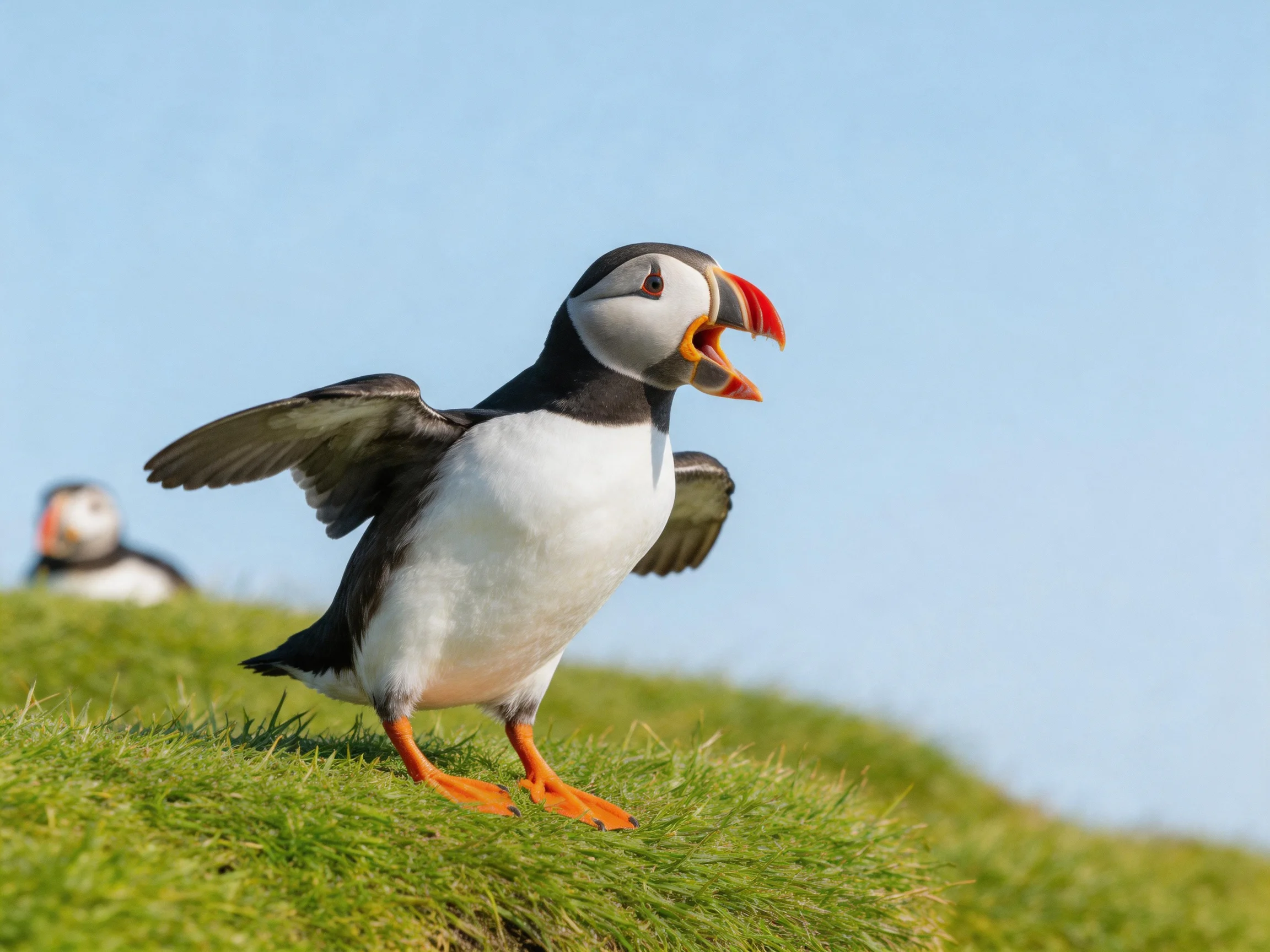 A puffin with orange feet stands on green grass near another puffin