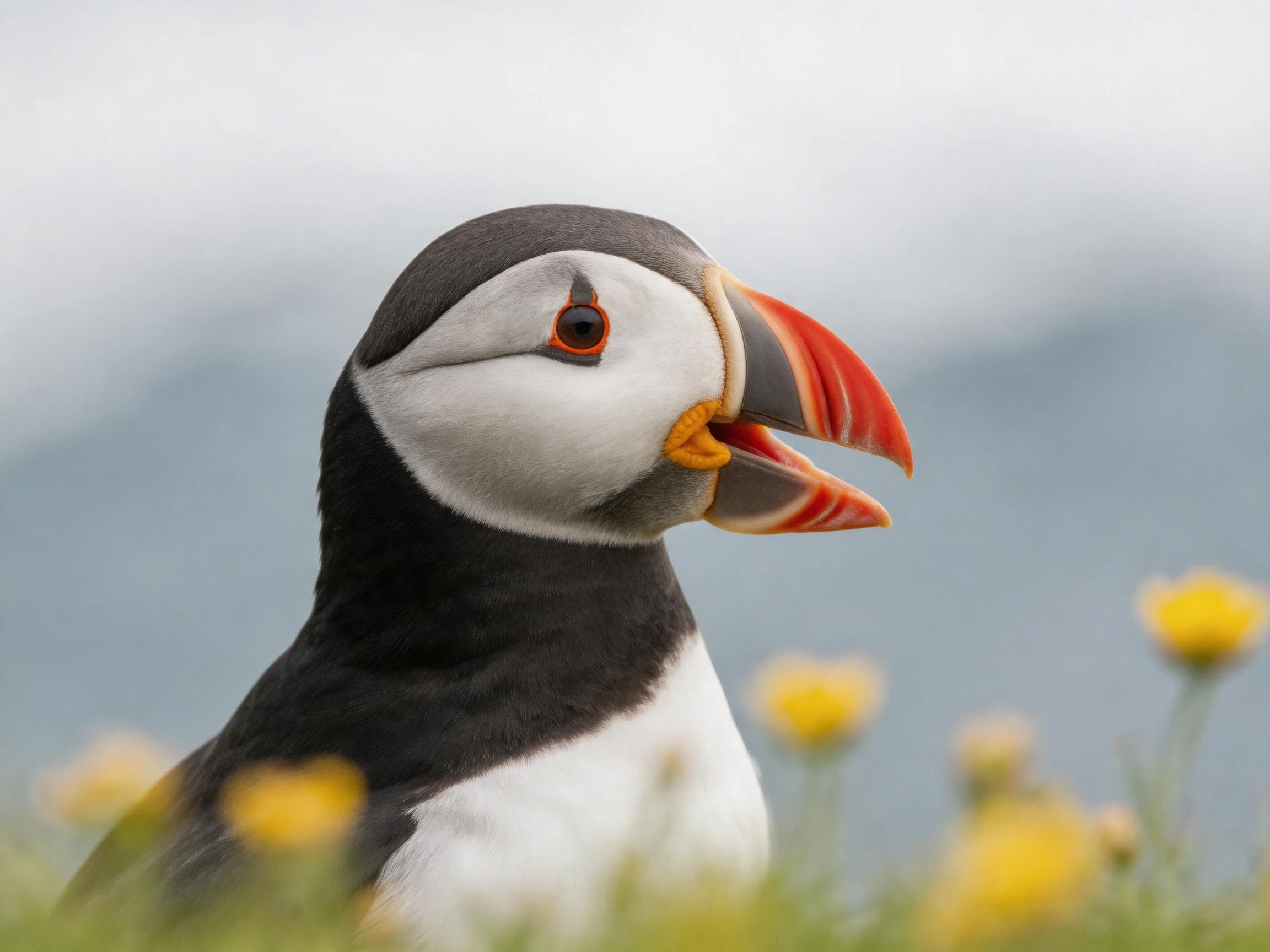 A puffin with vibrant orange beak amid yellow wildflowers by a misty landscape
