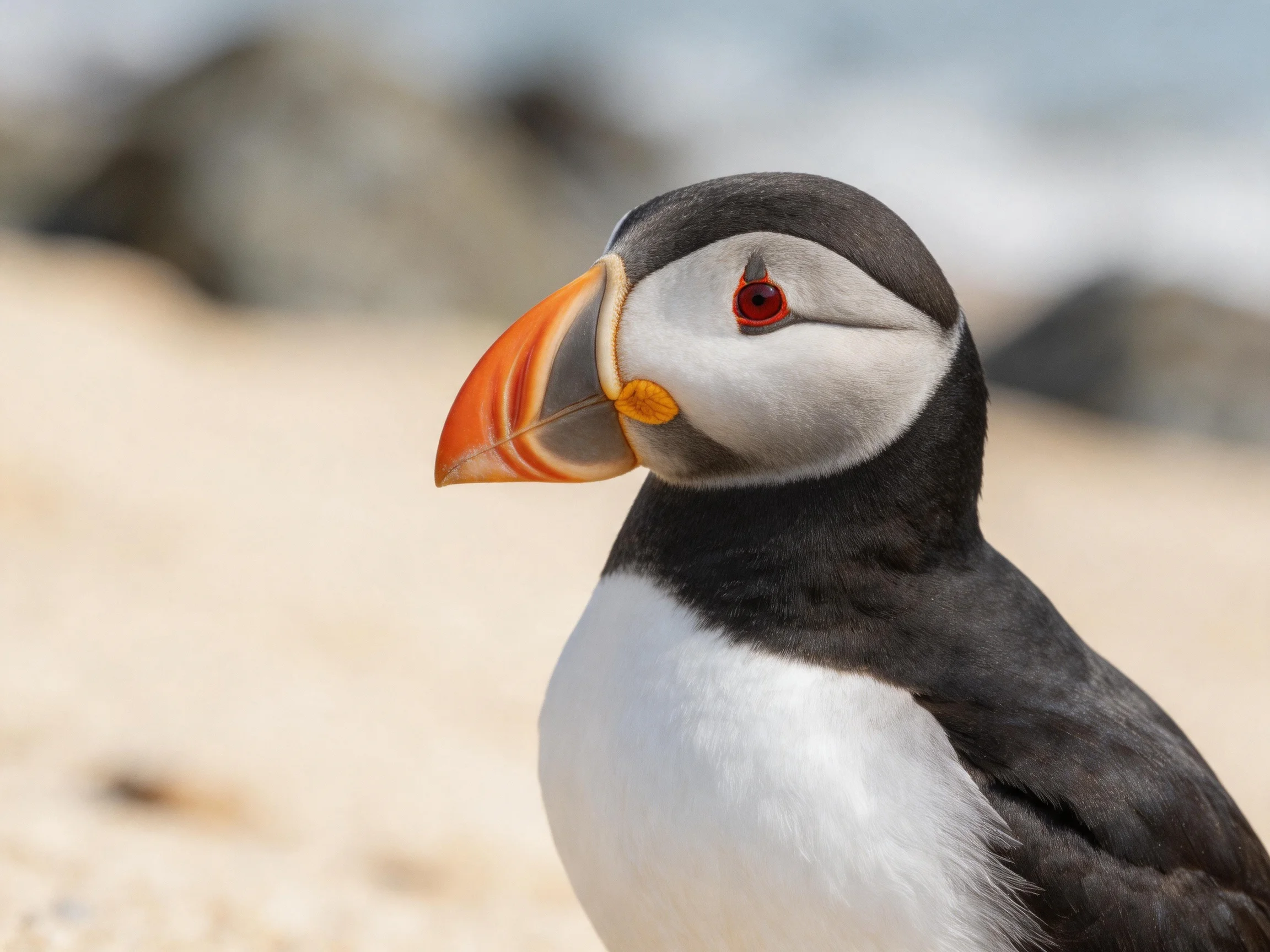 A puffin with vibrant orange beak on sandy coastal terrain