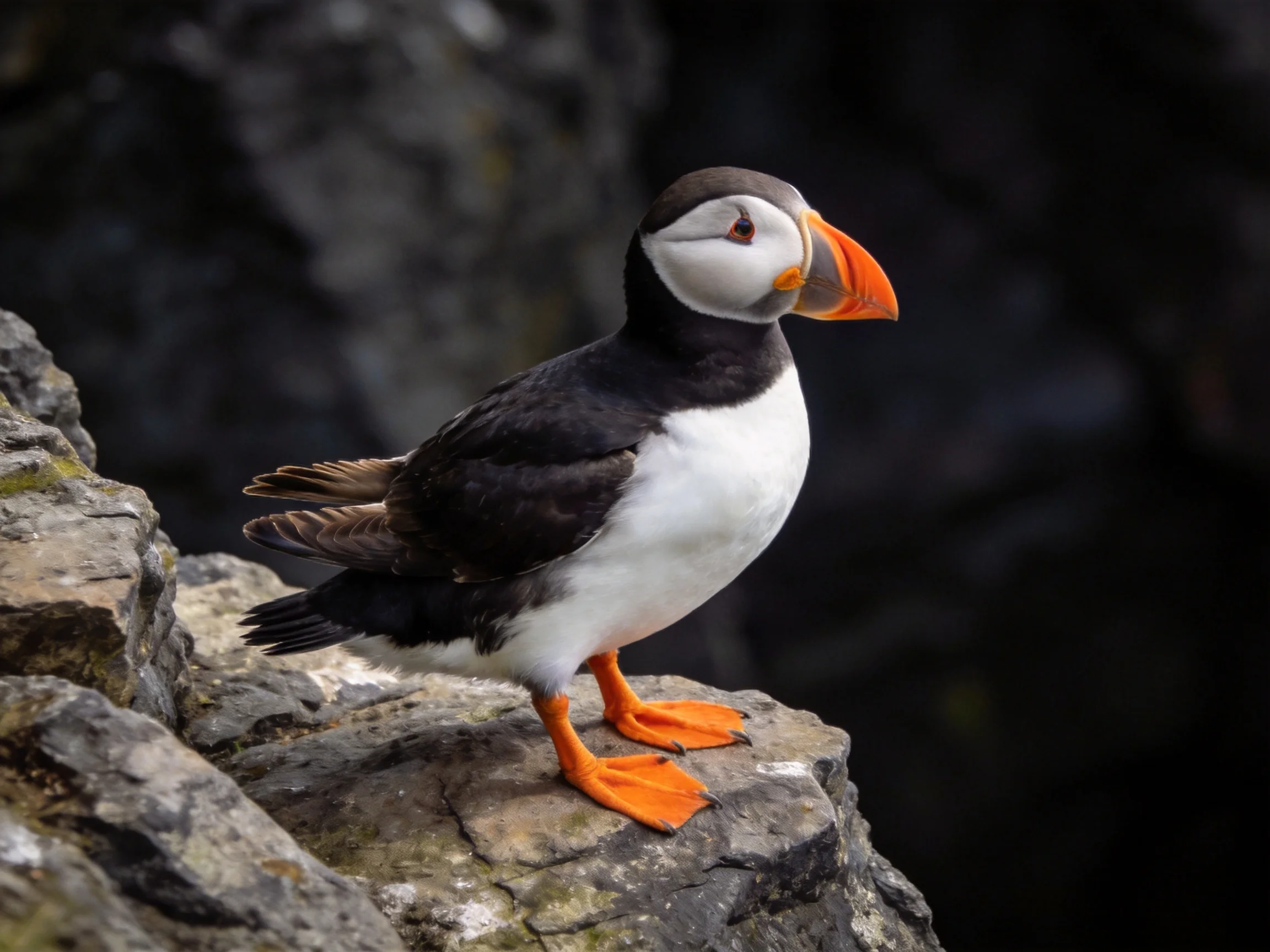 A puffin with vibrant orange beak perches on rugged rocks