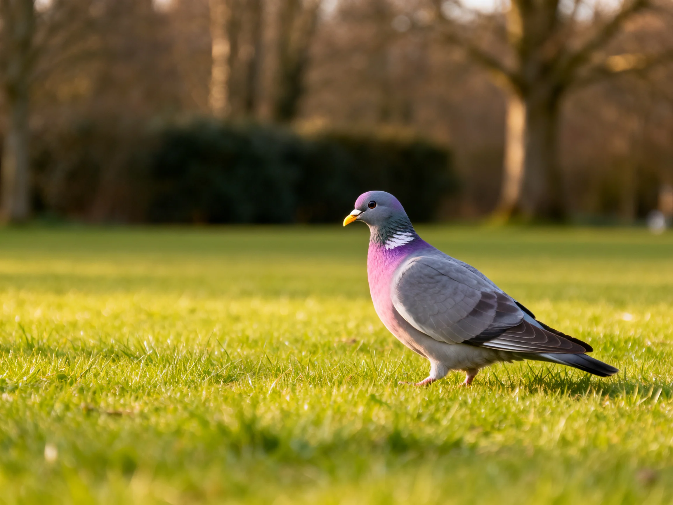 A purple and gray pigeon walks on lush green grass near trees