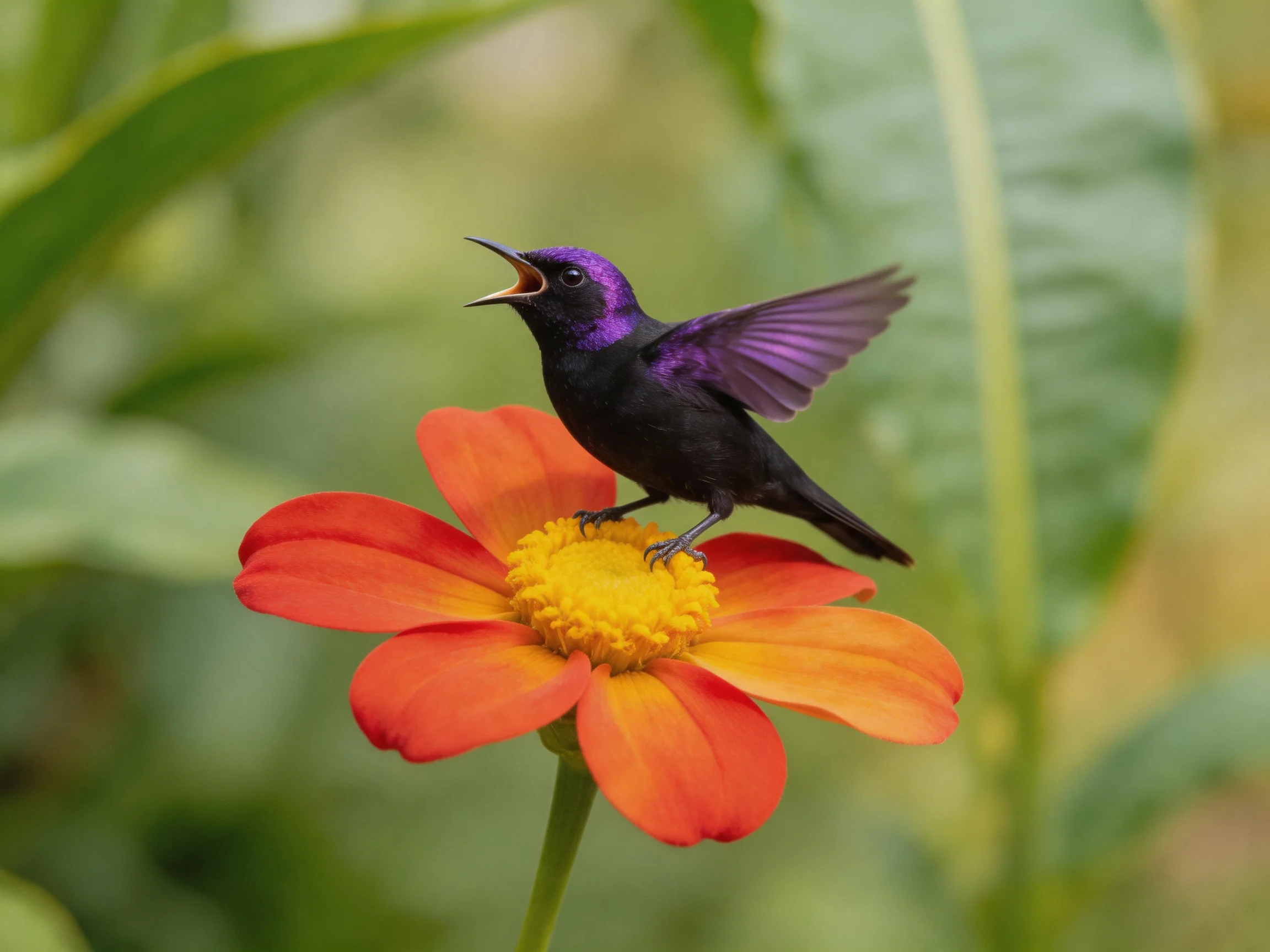 A purple-headed black bird perches on a bright orange-yellow flower