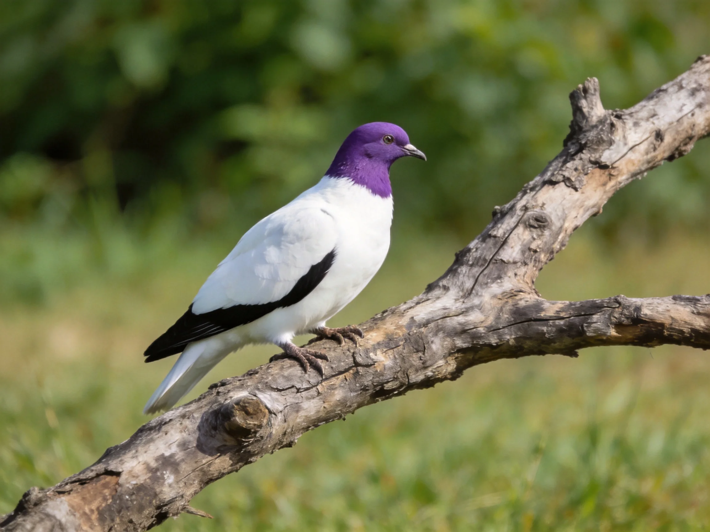 A purple-headed pigeon with white feathers perches on a weathered branch