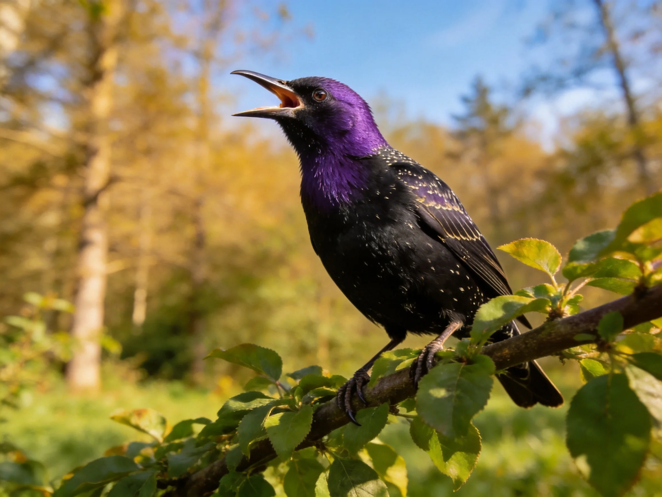 A purple-headed starling with black wings perches on a leafy branch