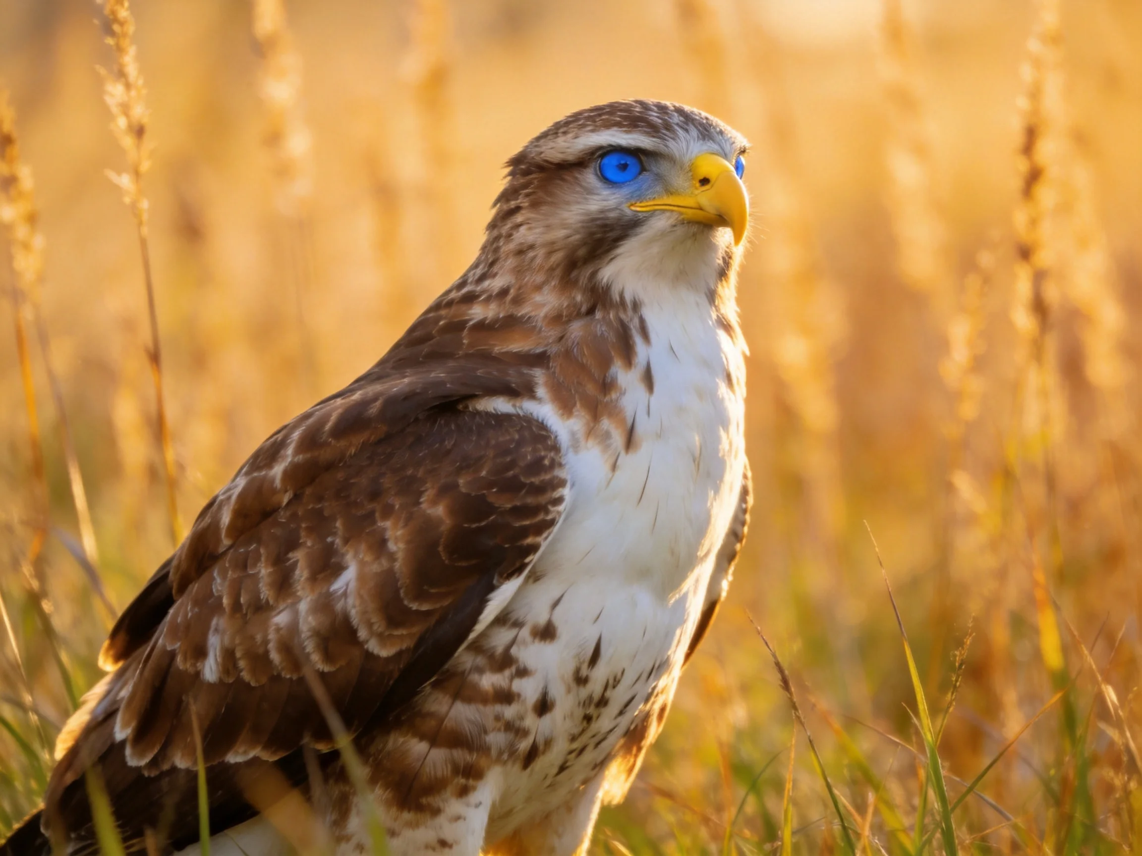 A raptor with vivid blue eyes standing among tall golden grass