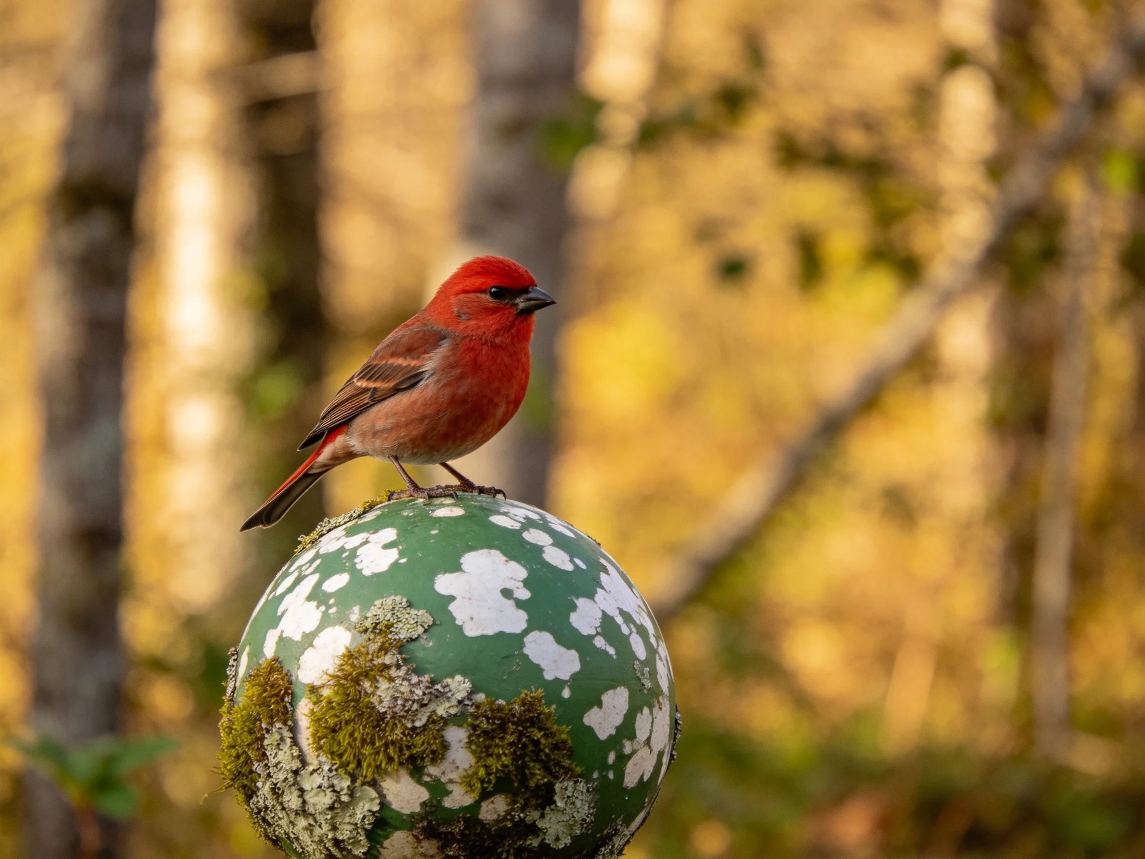 A red bird perches on a mossy green sphere in a forested setting
