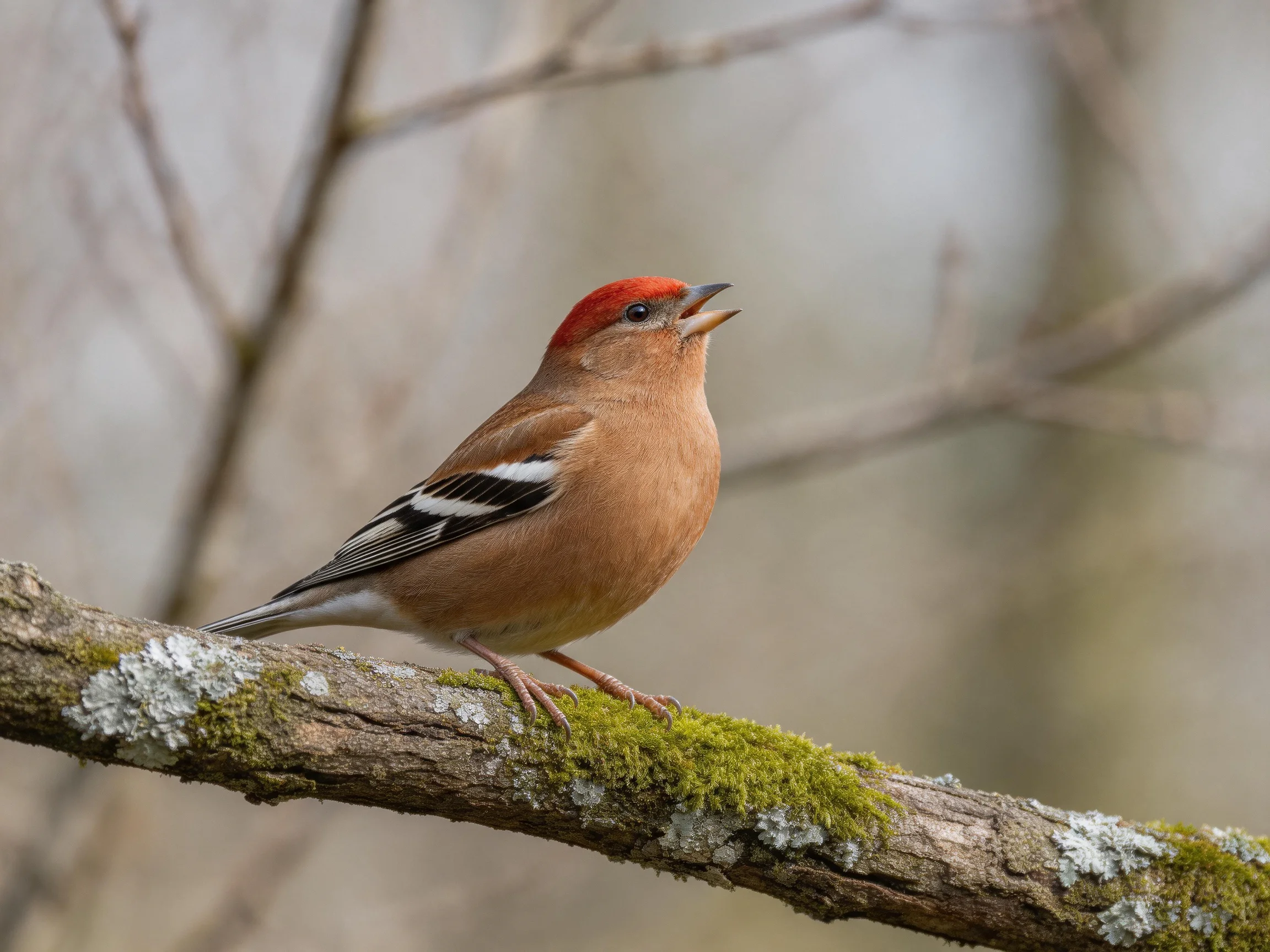 A red-capped bird perched on a moss-covered branch