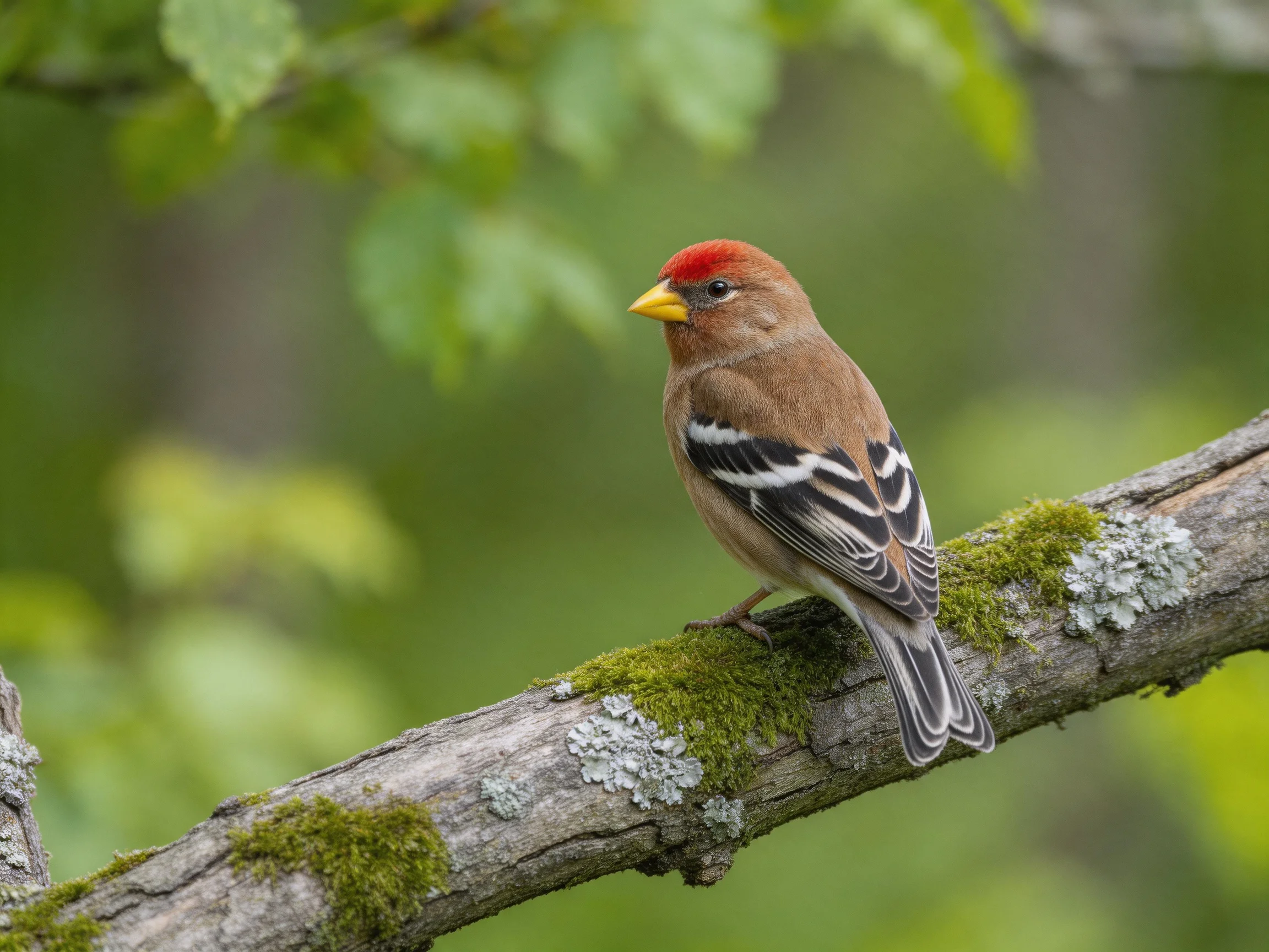 A red-capped bird perches on a mossy, lichen-dotted branch