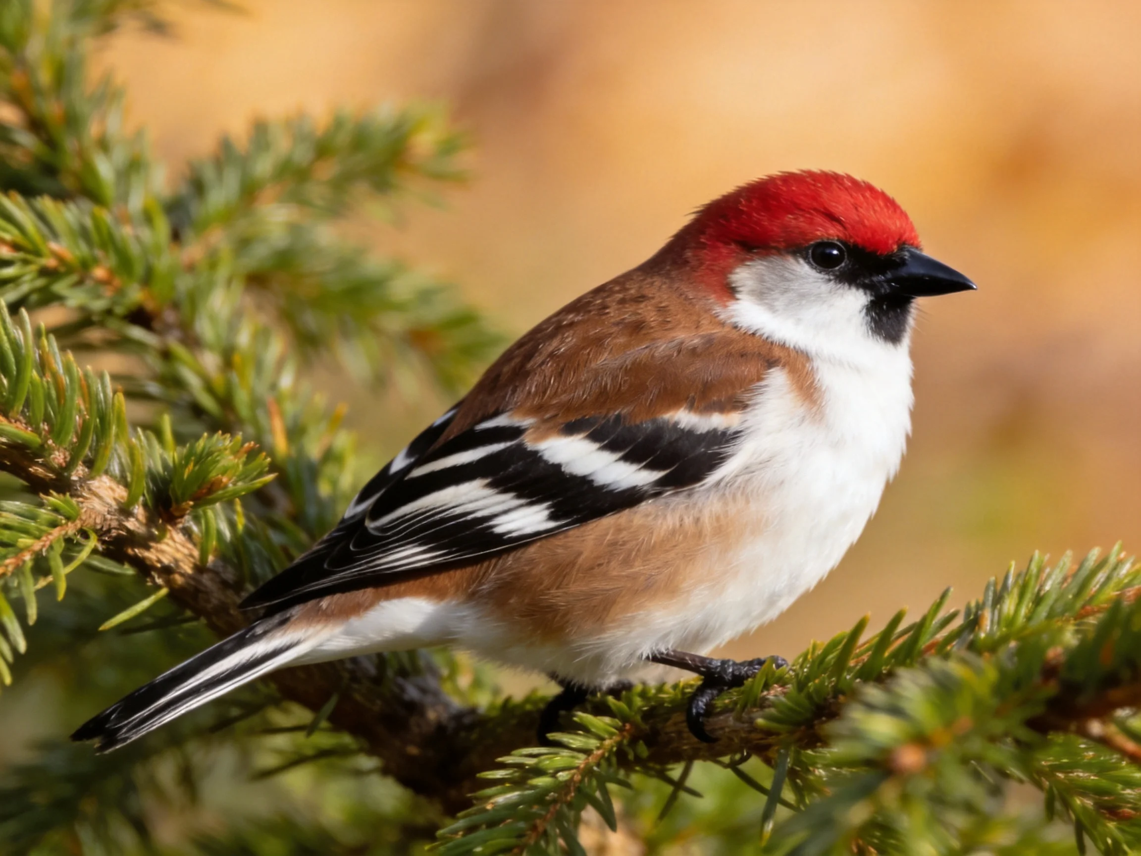 A red-capped bird with brown wings perches on green pine branches