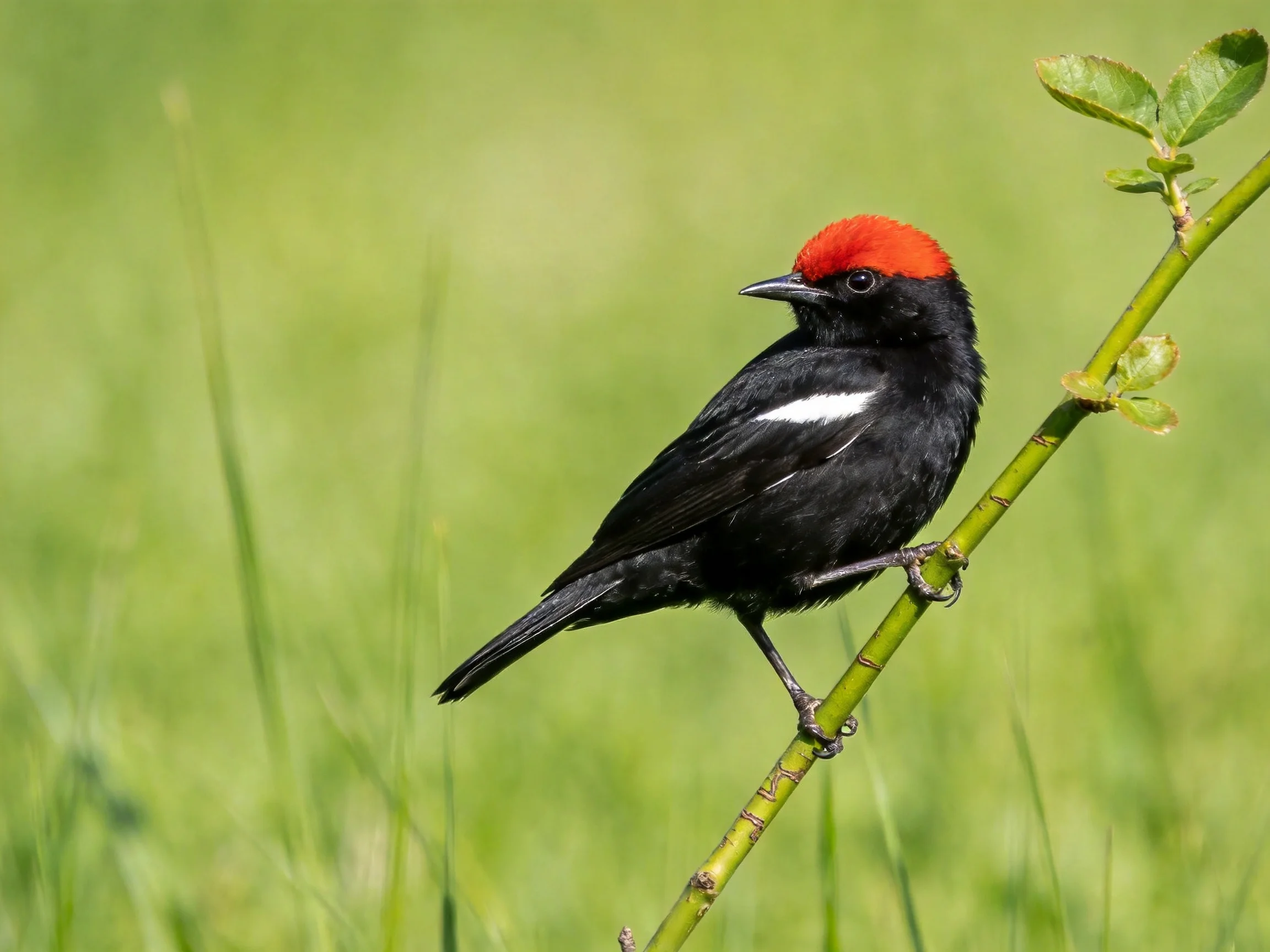 A red-capped black bird with a white wing stripe perches on a green branch