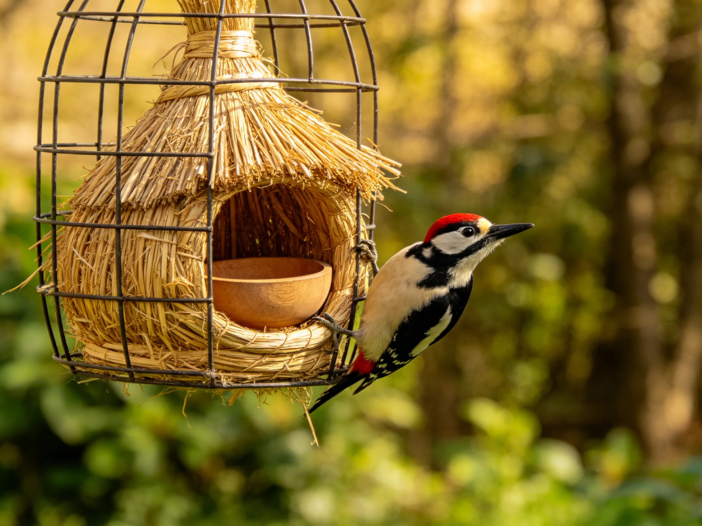 A red-capped woodpecker clings to a straw-wire bird feeder