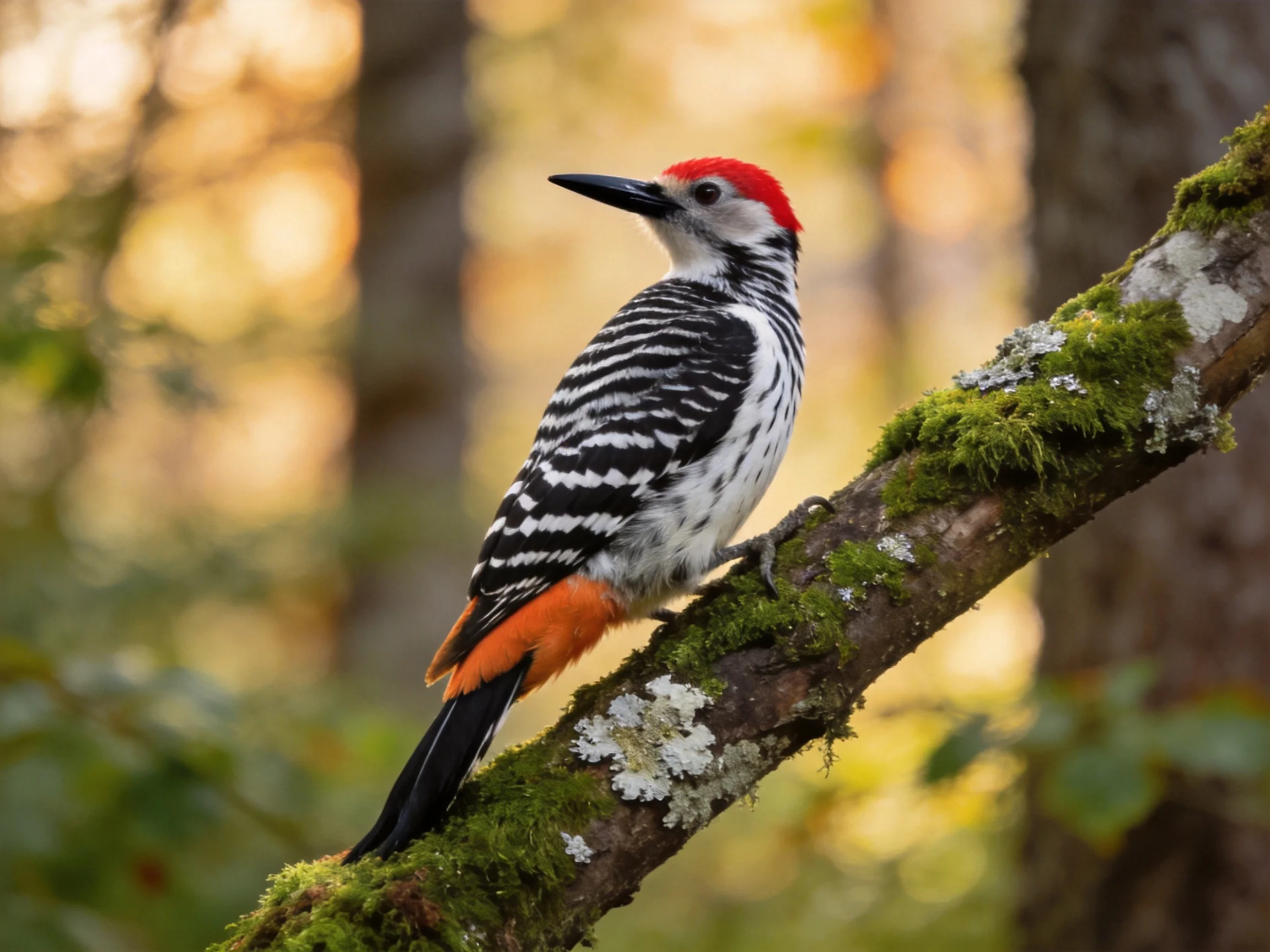 A red-capped woodpecker perches on a mossy tree branch