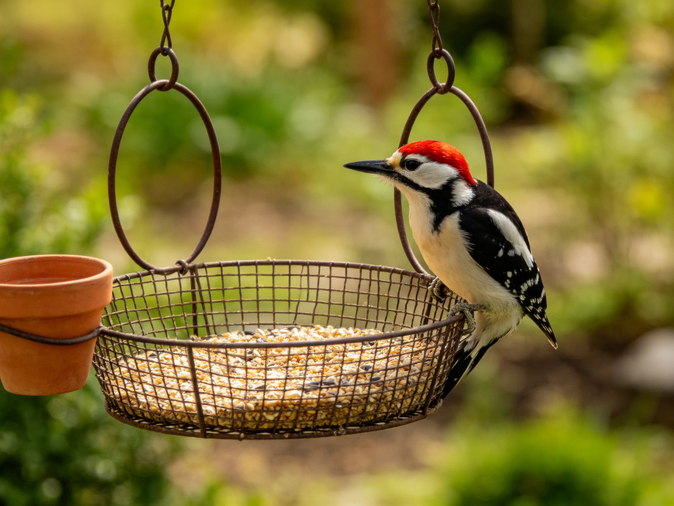 A red-capped woodpecker perches on a wire seed feeder